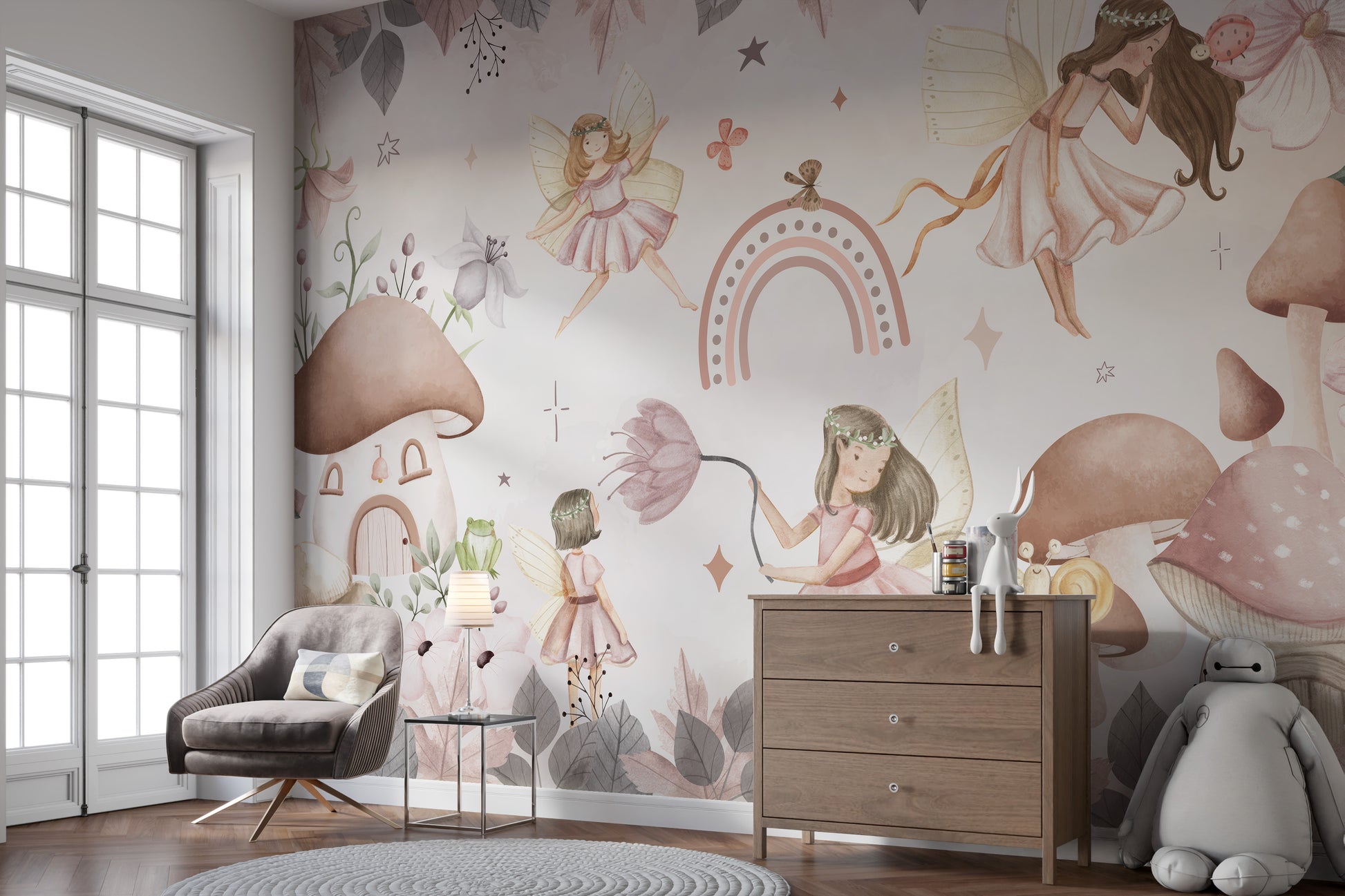 Pink fairyland mural with whimsical fairies and flowers