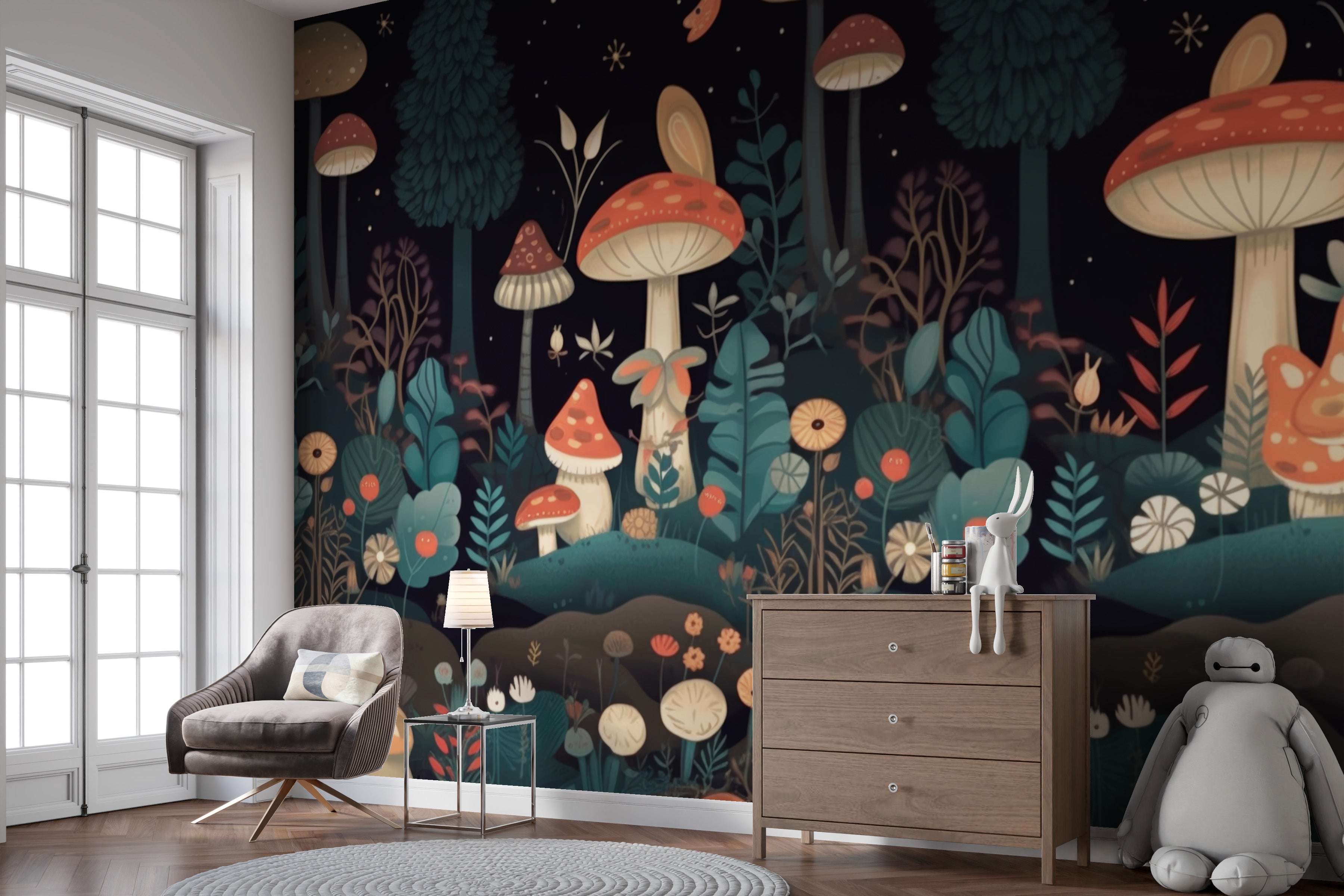 Playful mushroom wallpaper mural for kids' creative spaces