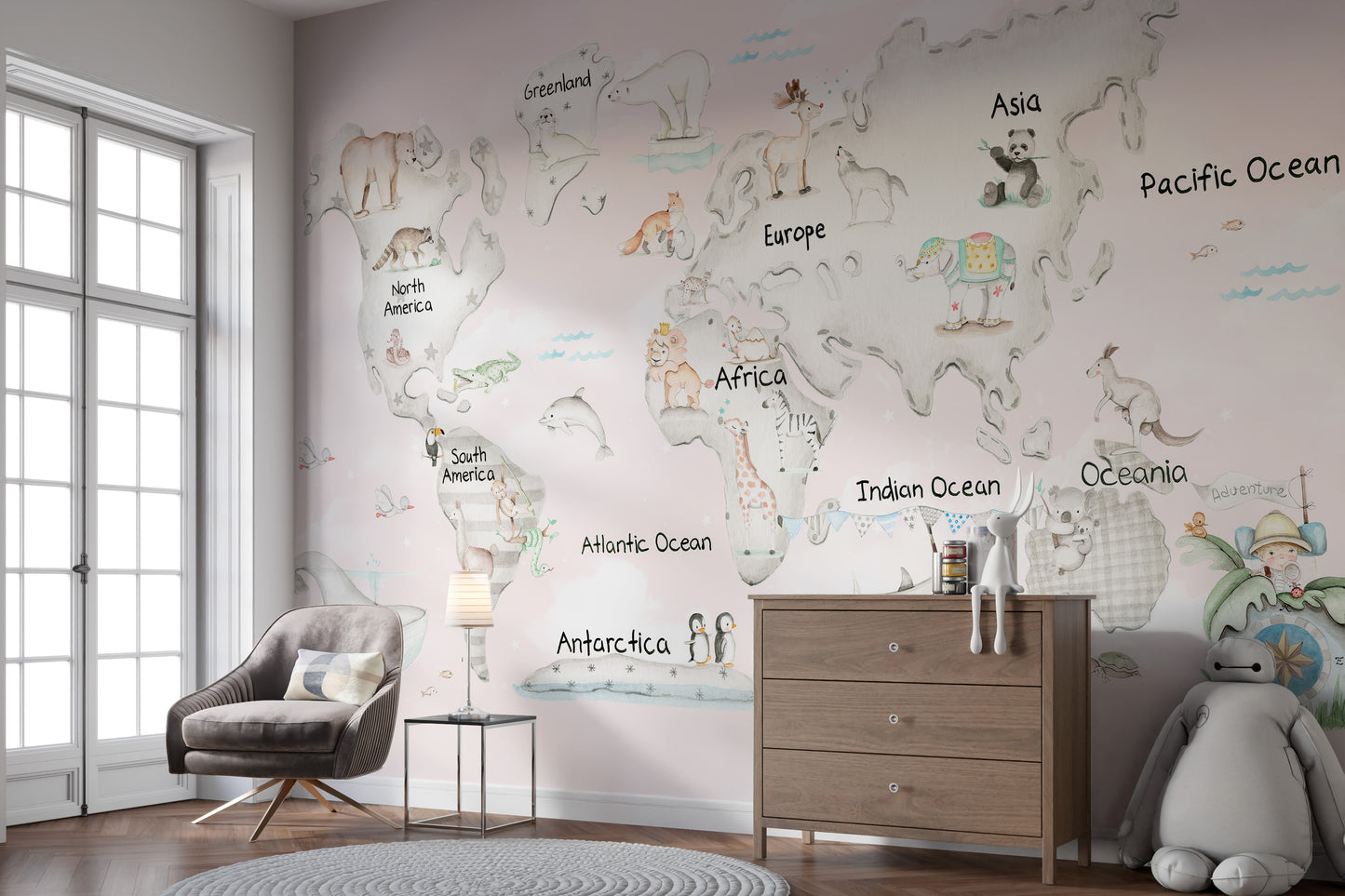 Room wallpaper with global wildlife and playful scenes