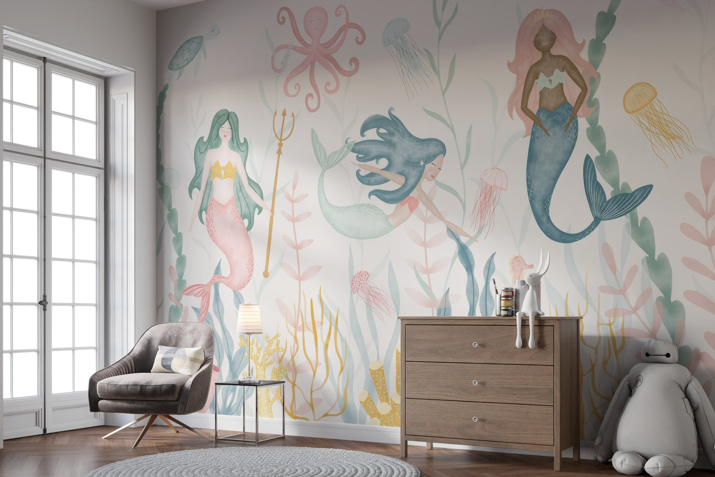 Self-adhesive mermaid fantasy mural for playful spaces