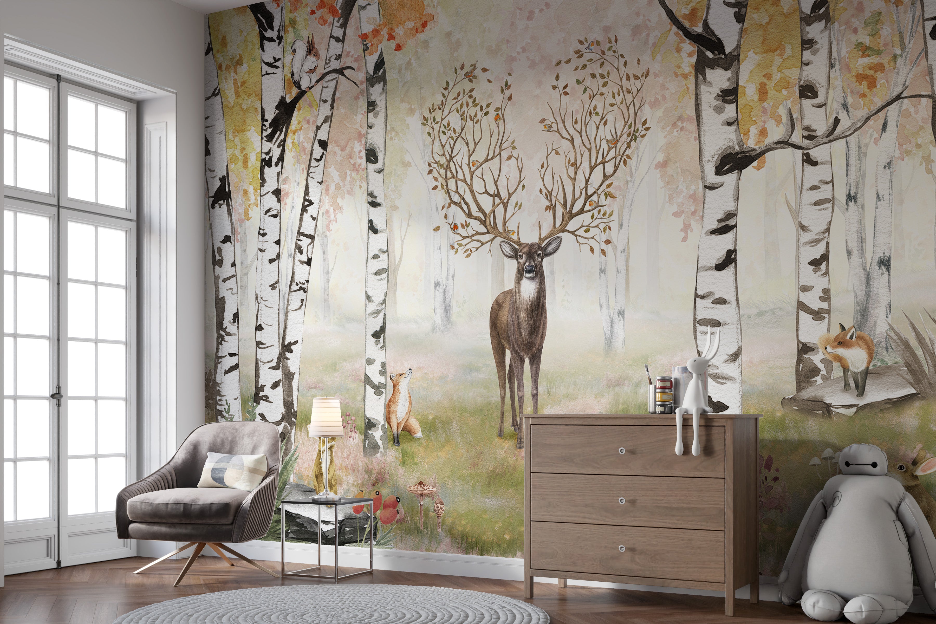 Autumn woodland mural featuring majestic antlered deer.
