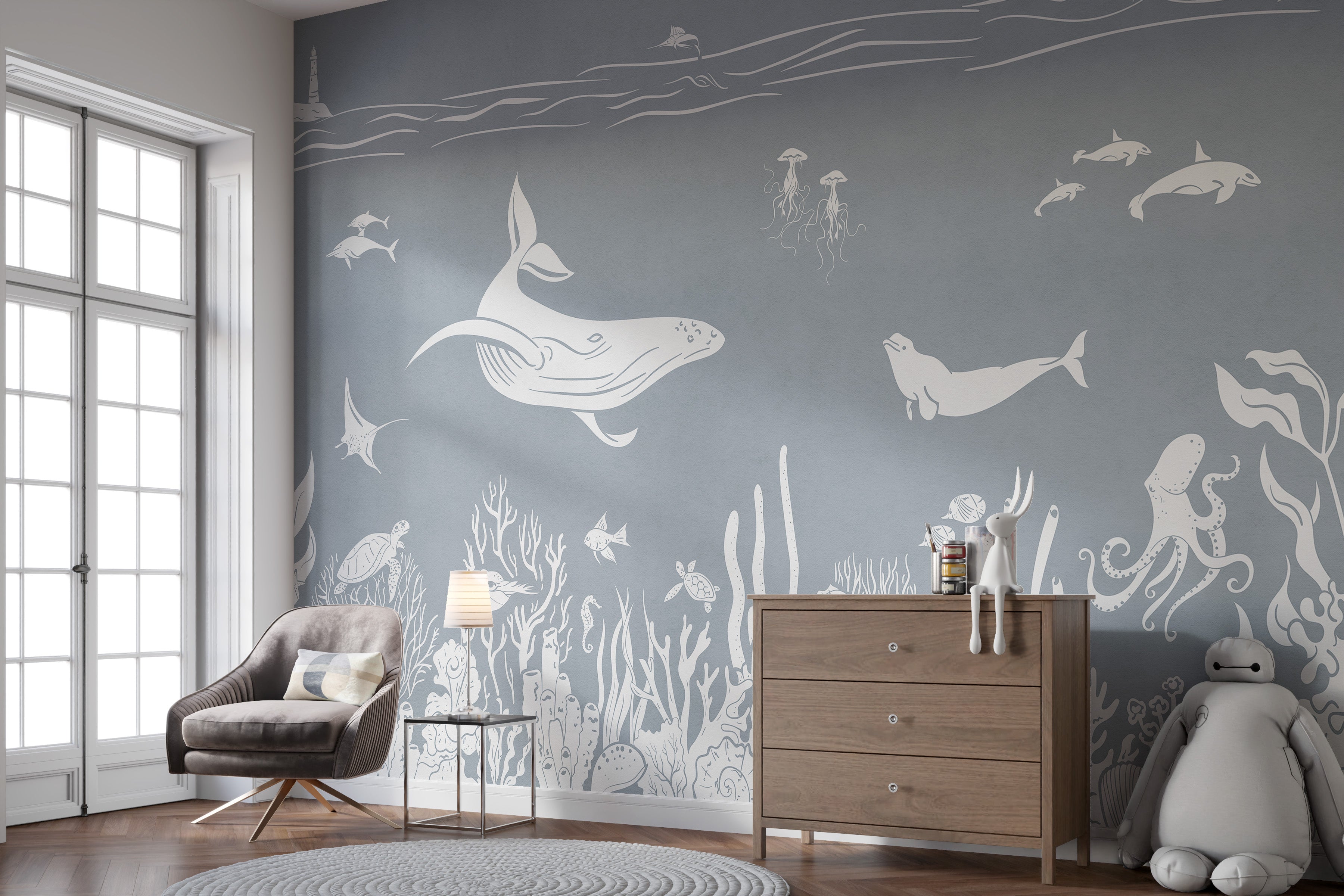 Stylish Monochrome Sea Blue wallpaper for coastal homes.
