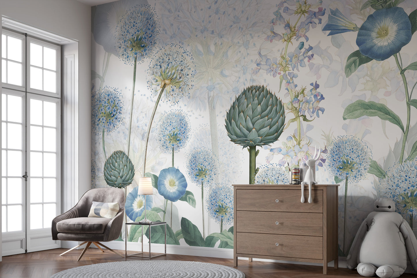 Nature-inspired mural featuring azure blooms for walls
