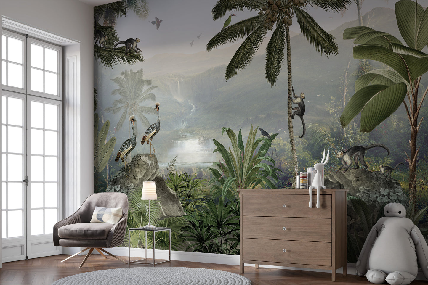 Jungle wall mural showcasing mischievous monkeys.
