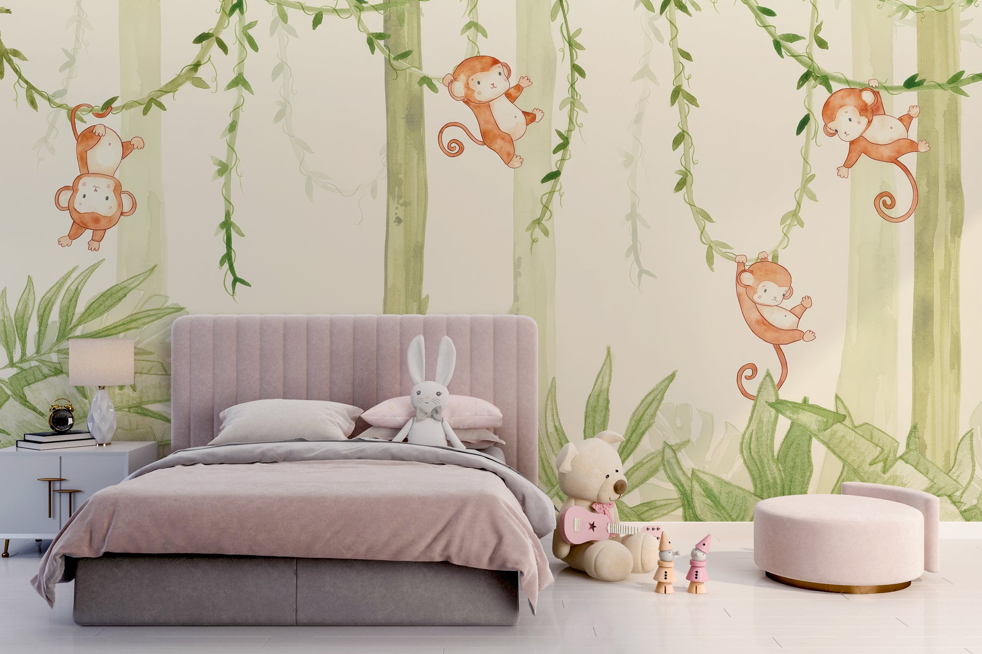 Jungle-themed mural with swinging monkeys for kids' rooms