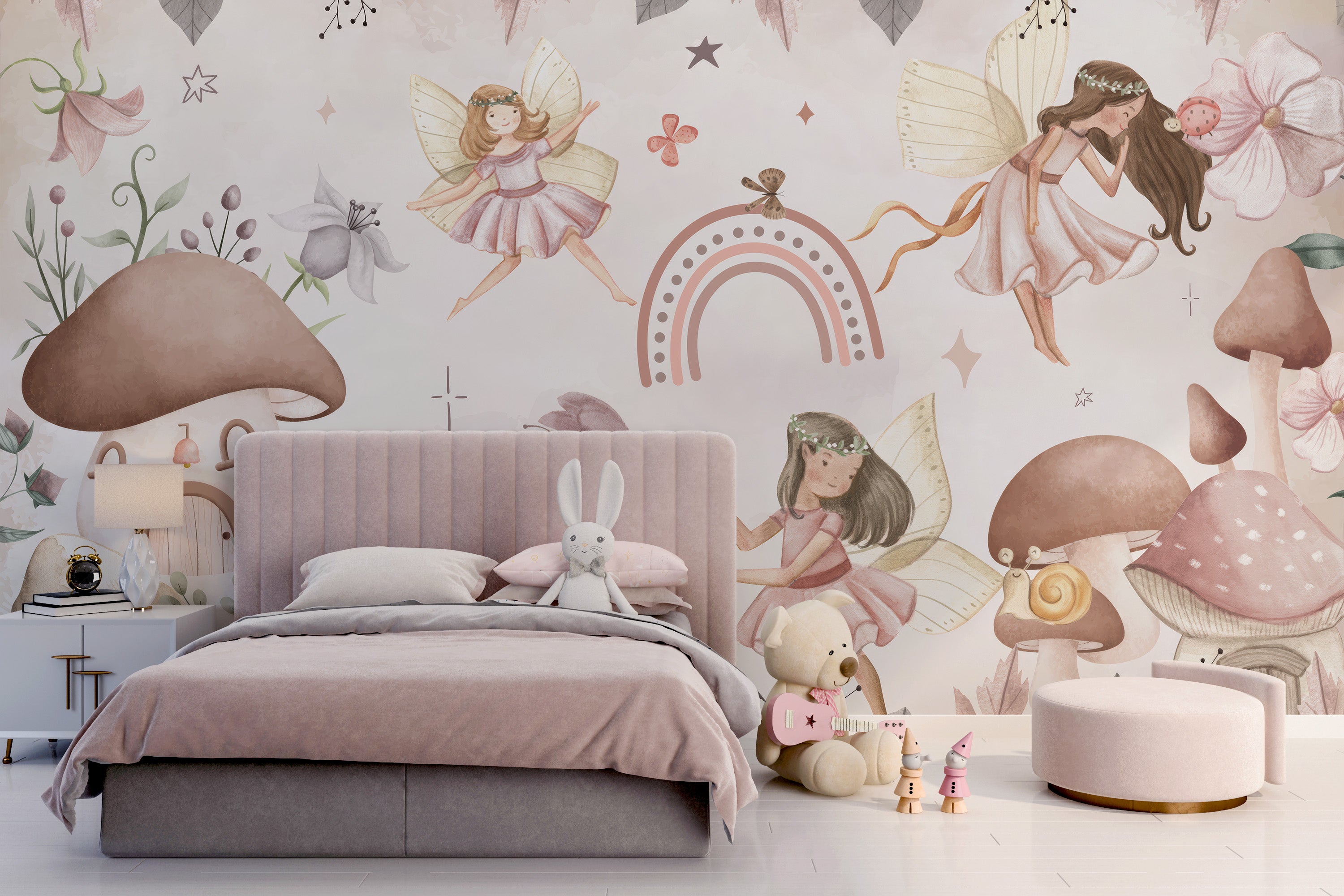 Enchanting pink fairyland mural for kids' dreamy interiors