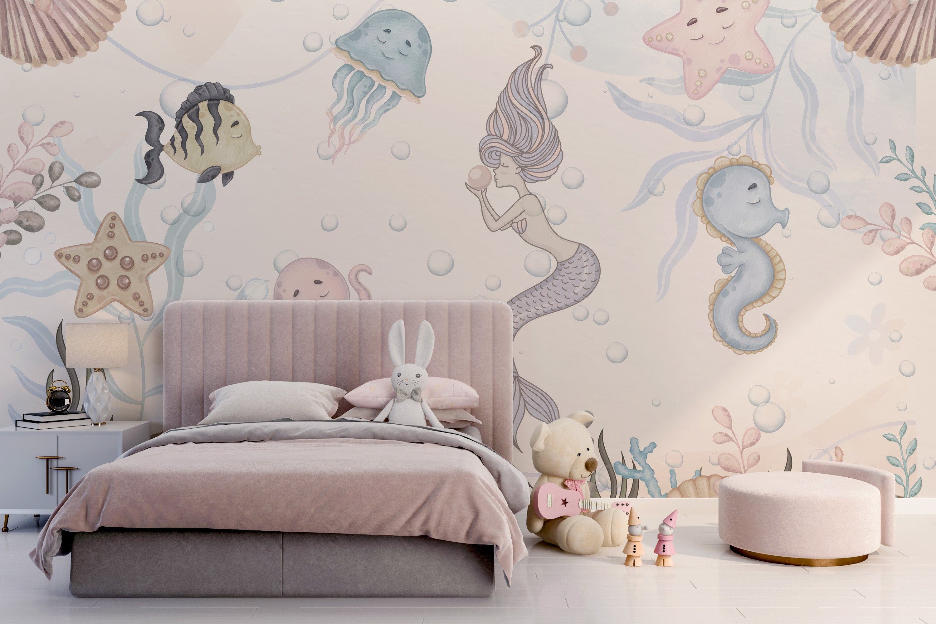 Kids' wall mural featuring playful aquatic life designs