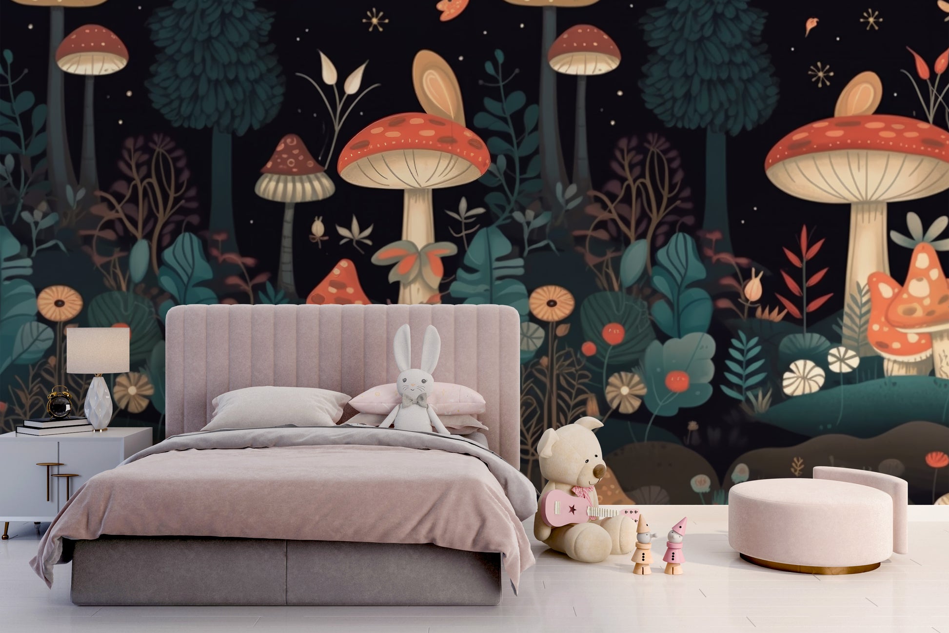 Kids mushroom wallpaper mural for a whimsical room design