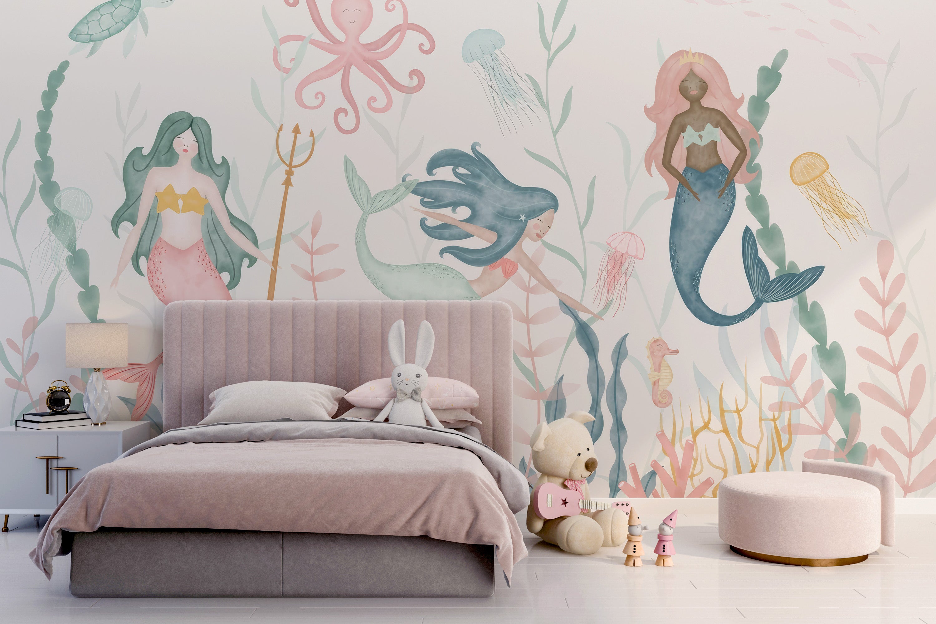 Removable pastel mermaid wallpaper for magical interiors