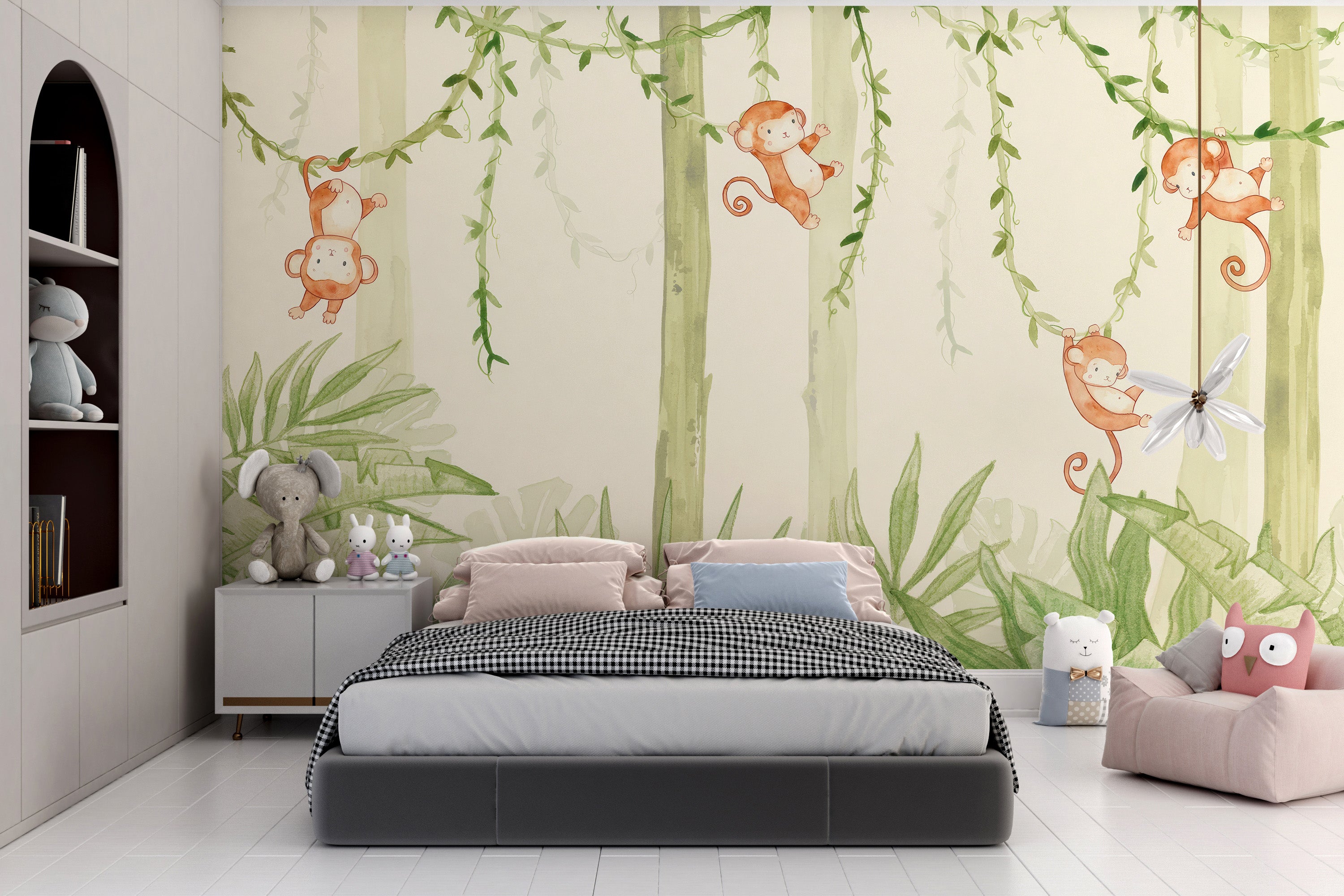 Forest wallpaper mural featuring swinging monkeys design