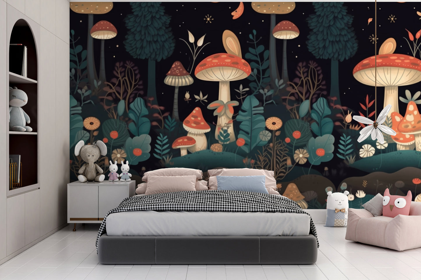 Kids mushroom wallpaper mural for a whimsical room design