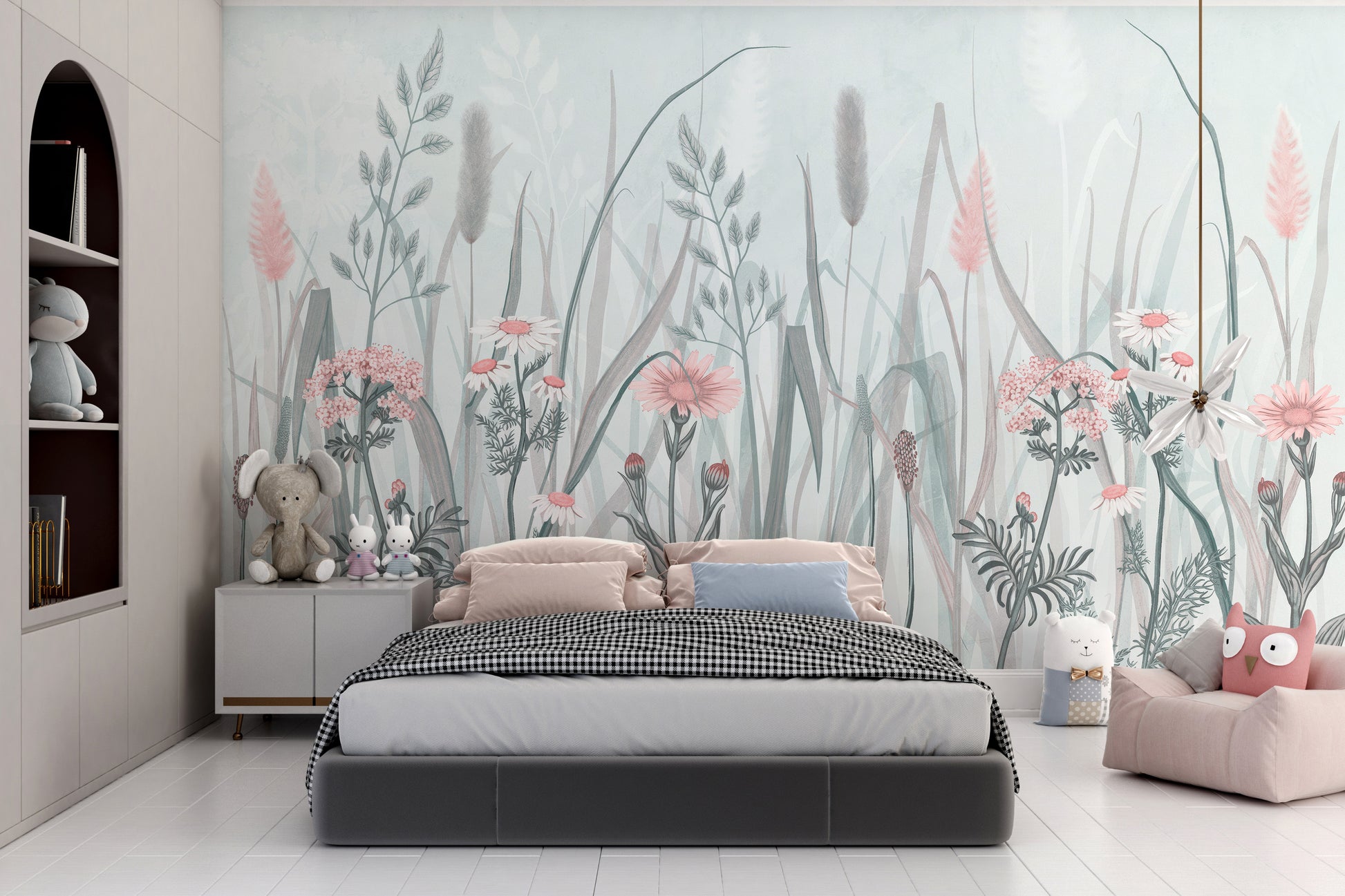 Whimsical pink flora peel-off wallpaper for rooms