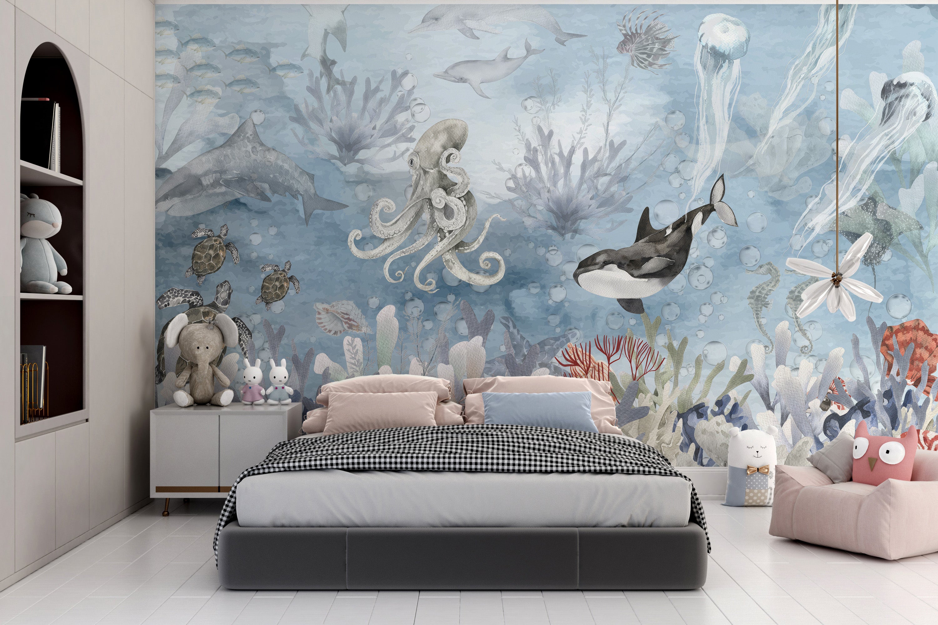 Vibrant marine life wonders mural for kids' decor