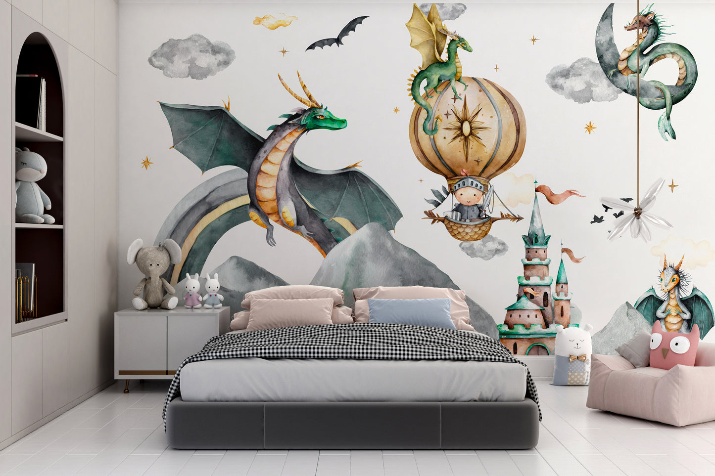 Vibrant Dragon Kingdom mural for kids' fantasy rooms