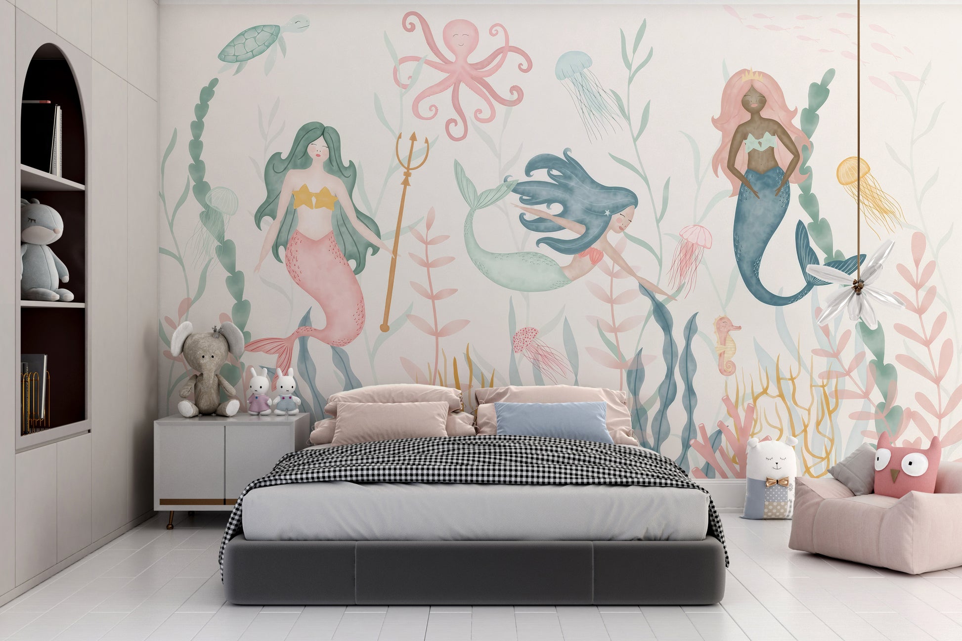 Peel and stick mermaid mural with pastel fantasy design