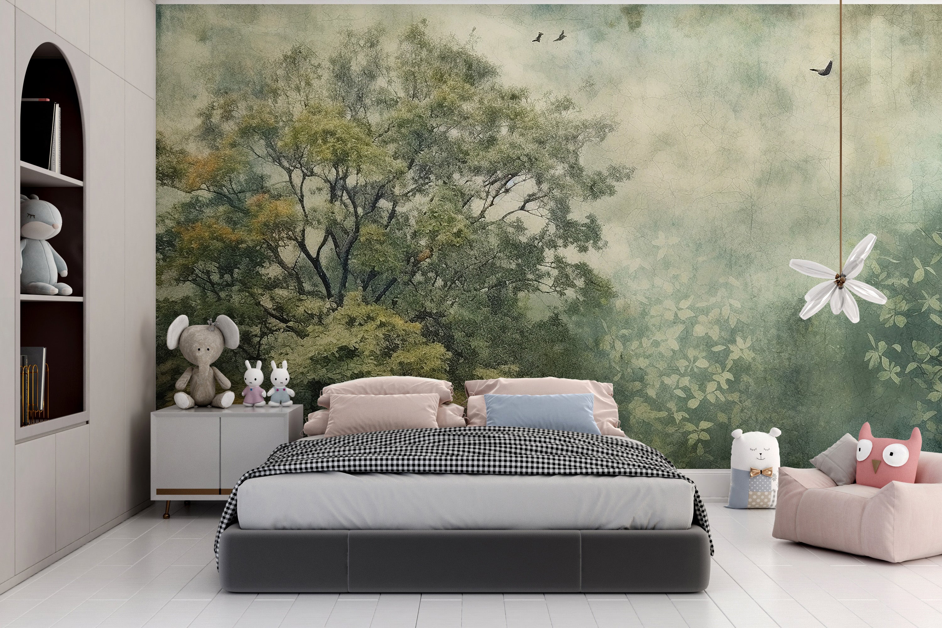 Self-adhesive misty forest mural for calming walls