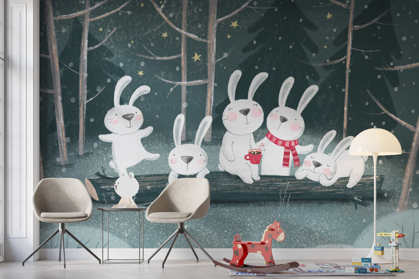 Artistic rabbit wallpaper mural for a winter-inspired look