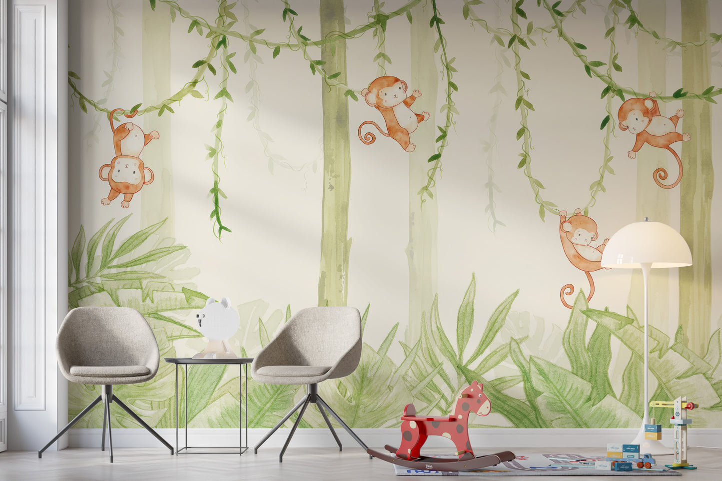 Swinging monkeys forest wallpaper mural for playful decor