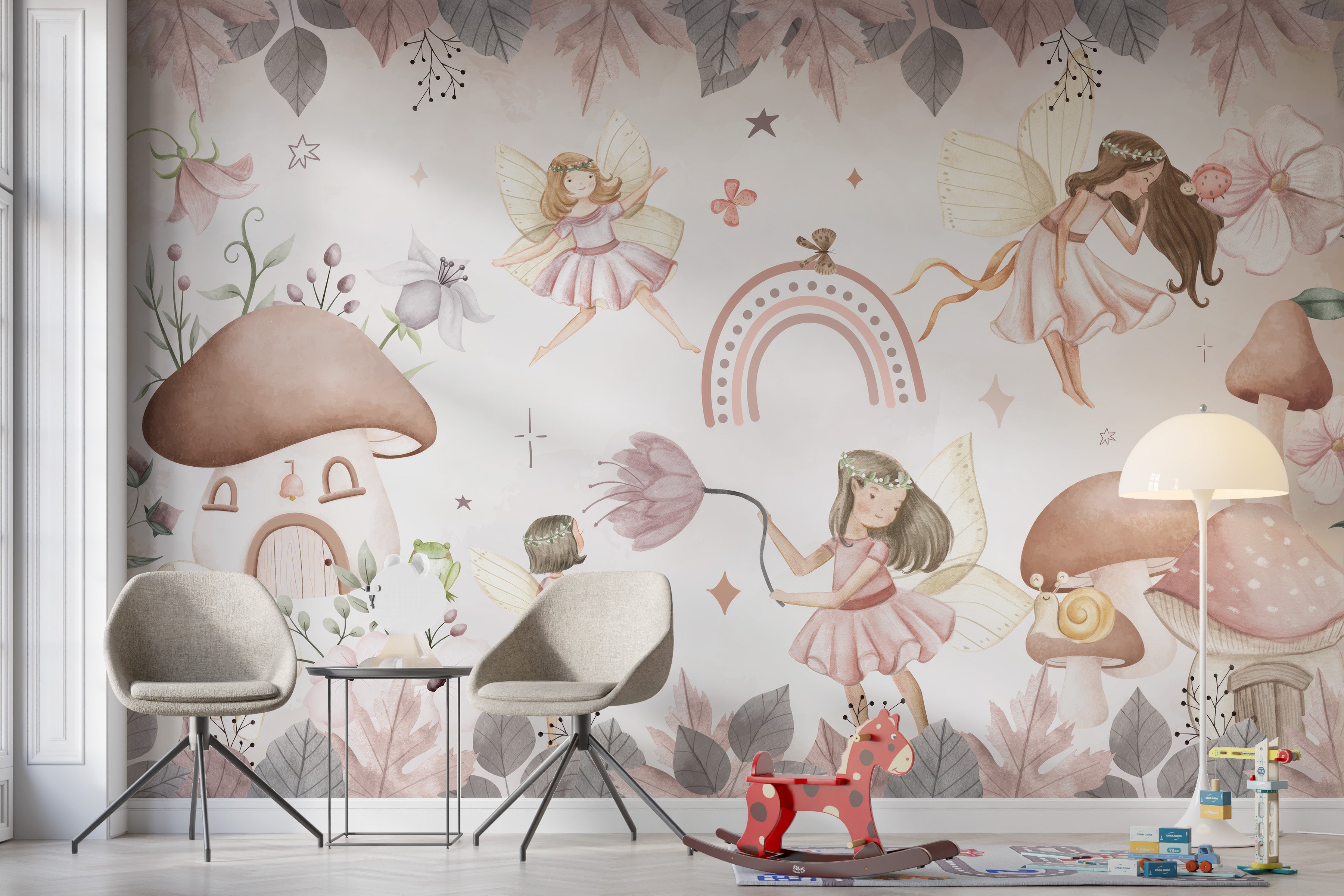 Magical pink fairyland mural for a dreamy, enchanted space