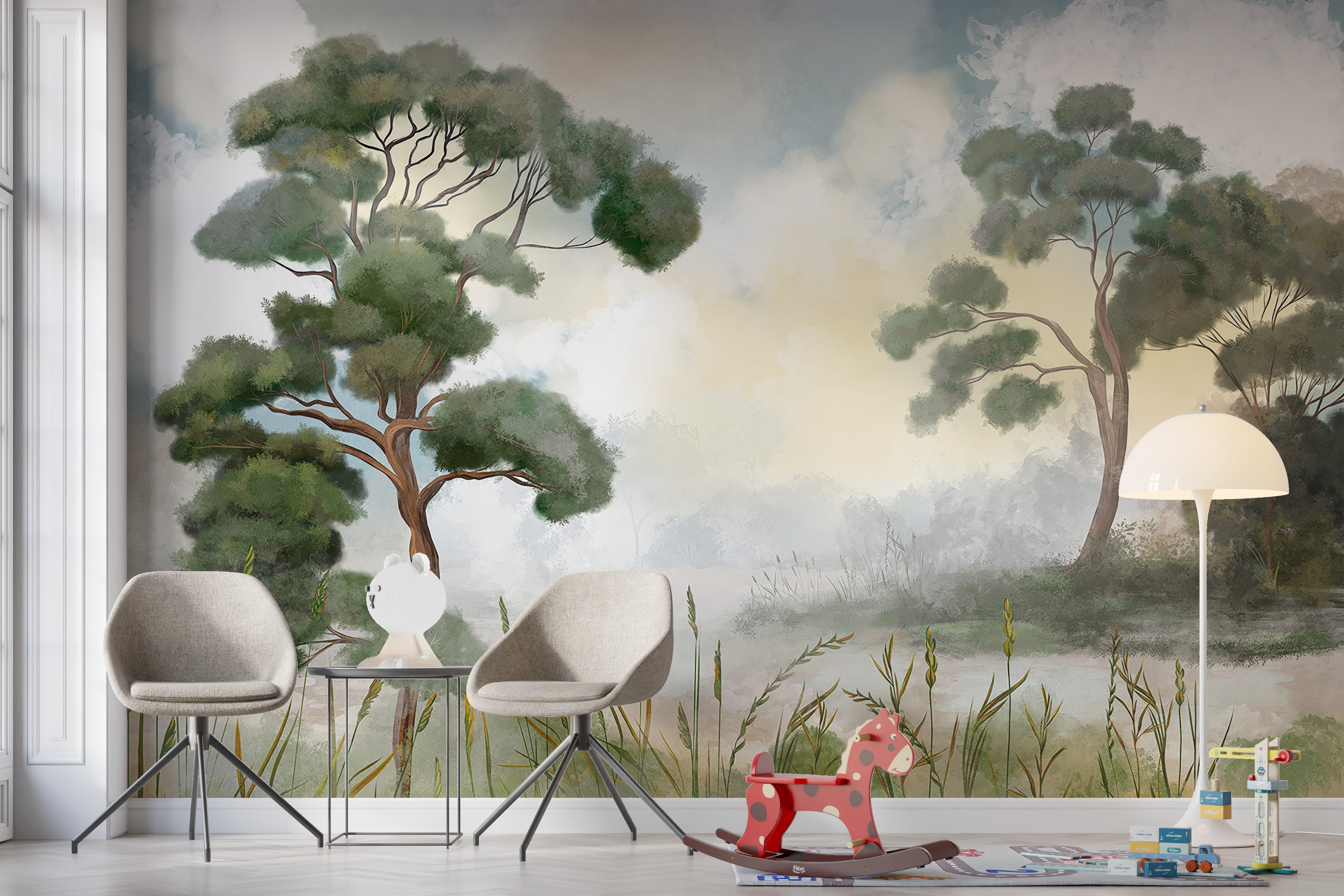 Serene sunrise tree wallpaper mural for a calm atmosphere