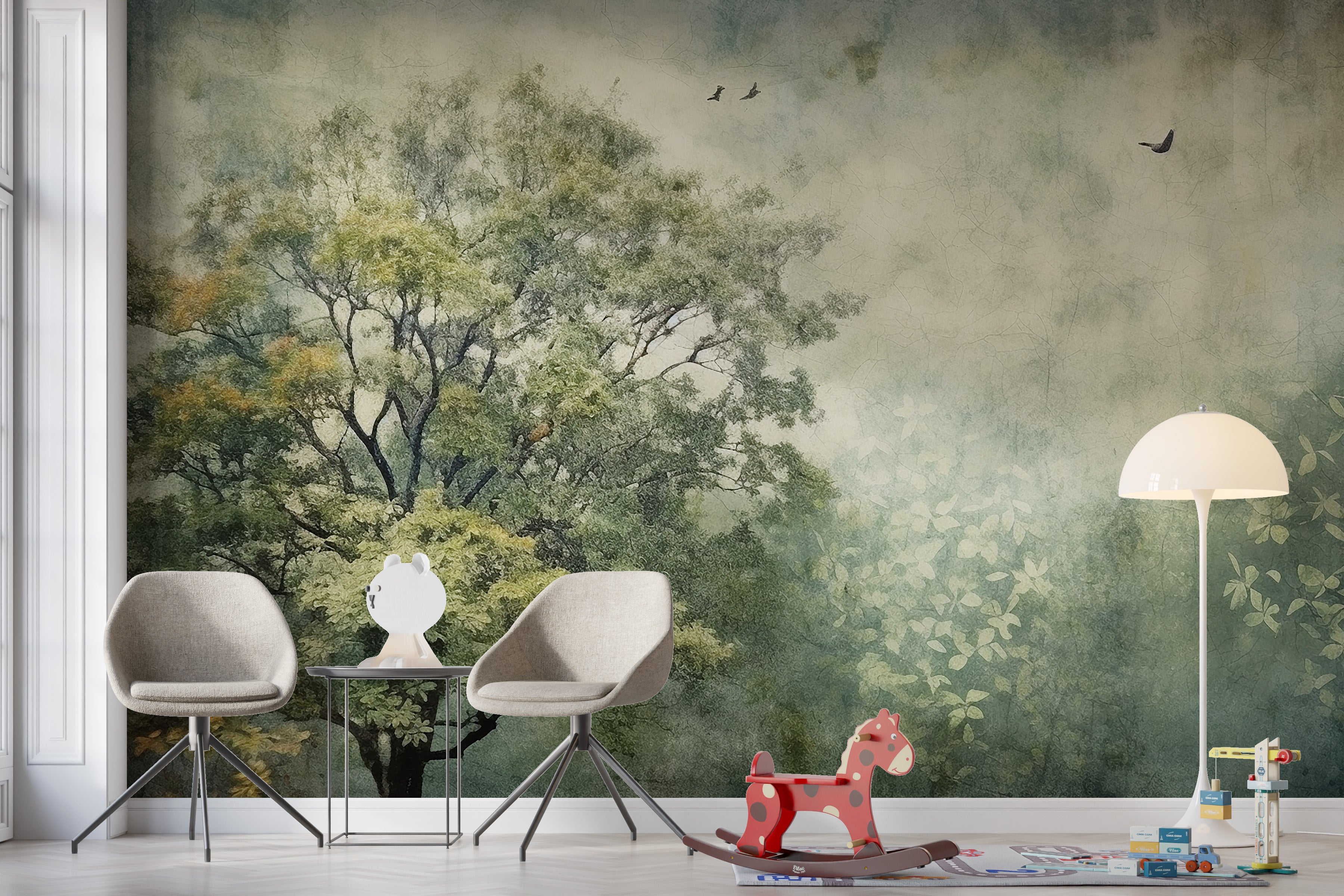 Removable misty forest wallpaper for modern interiors