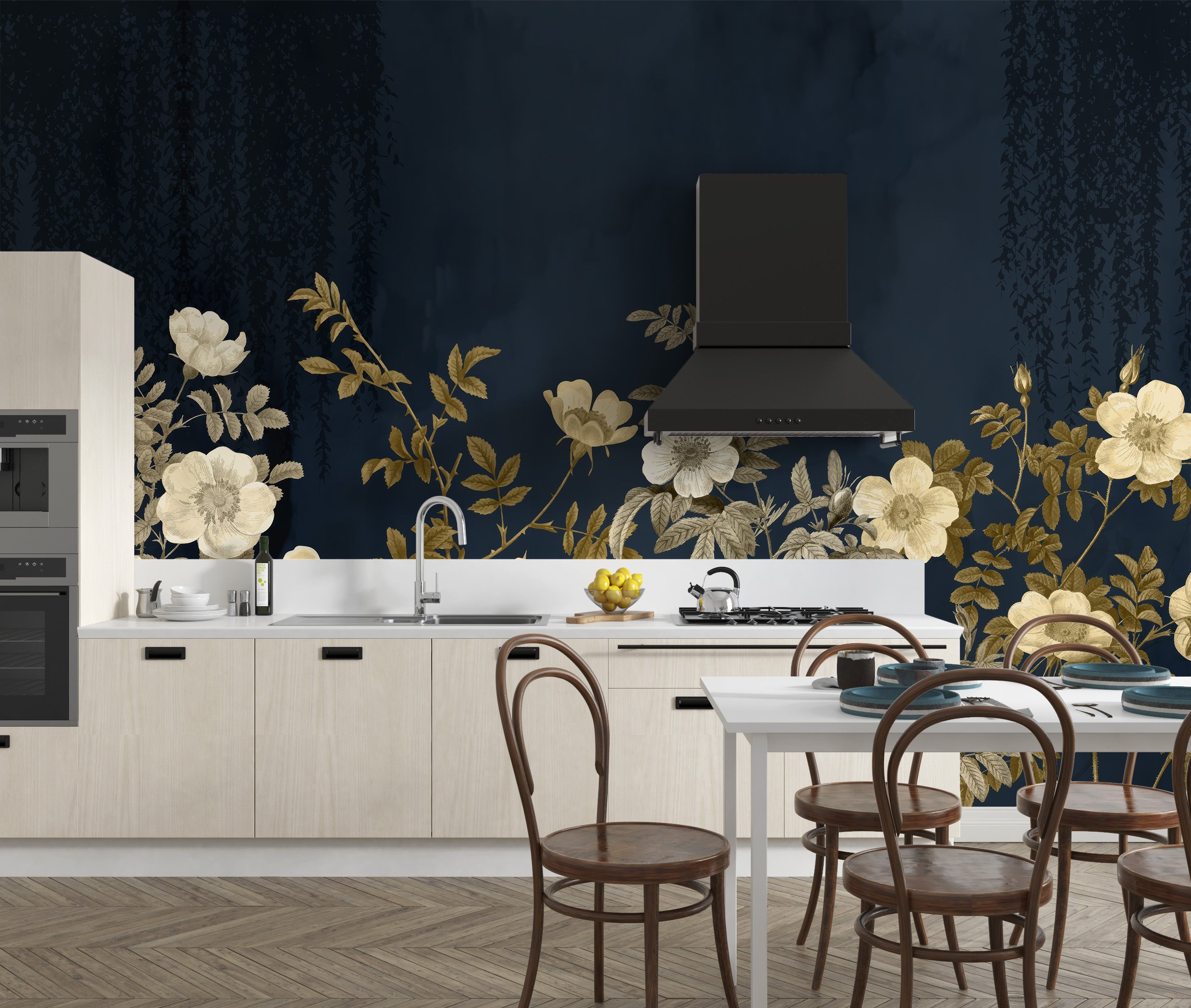 Night wall mural featuring golden blossoms for timeless style