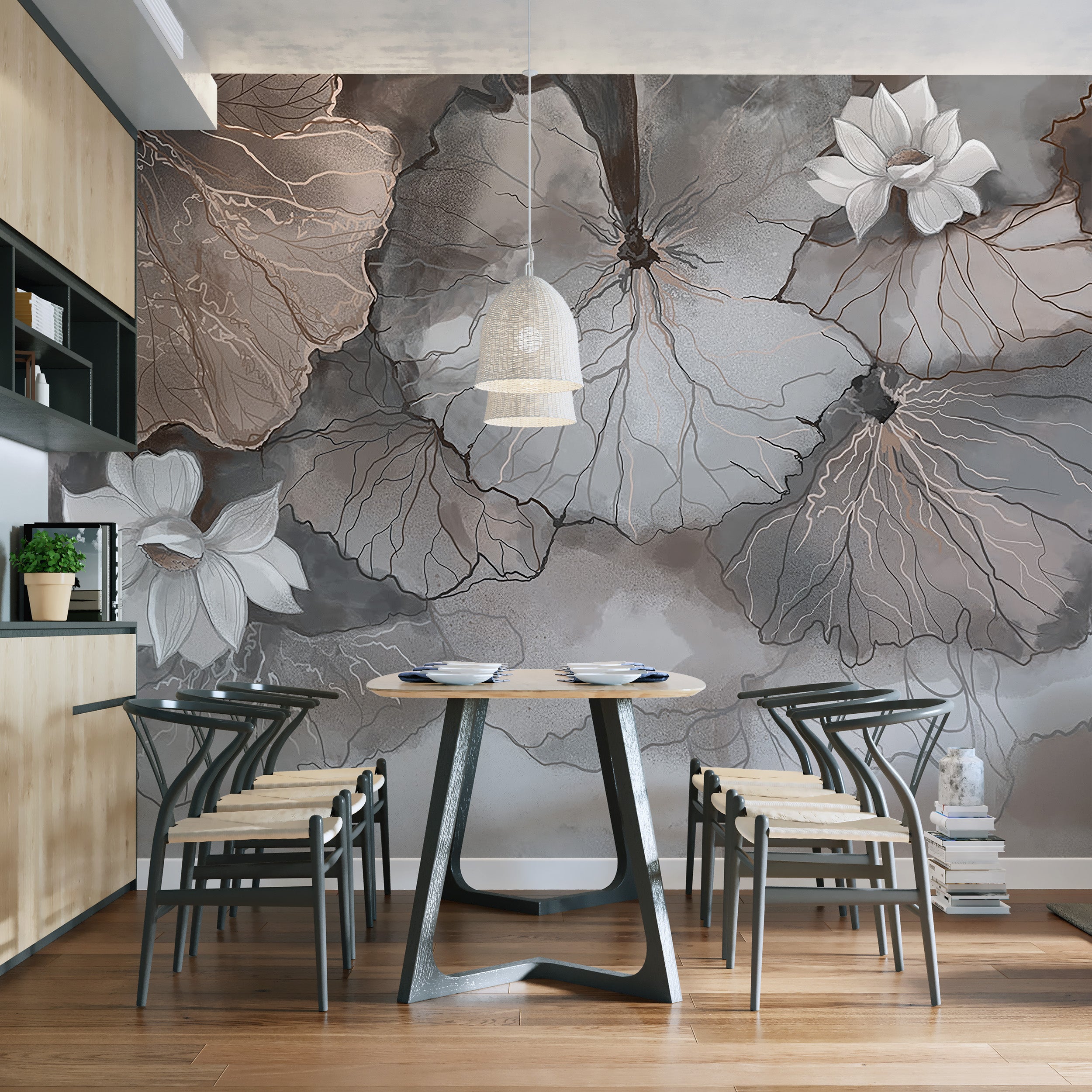 Misty lotus leaves wallpaper mural for a fresh, elegant vibe