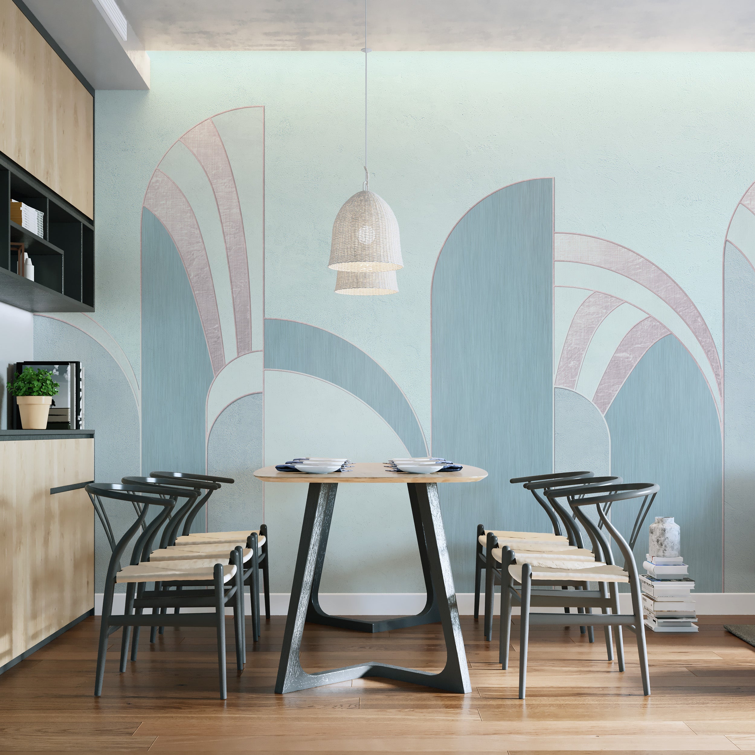 Removable teal abstract mural wallpaper for interiors