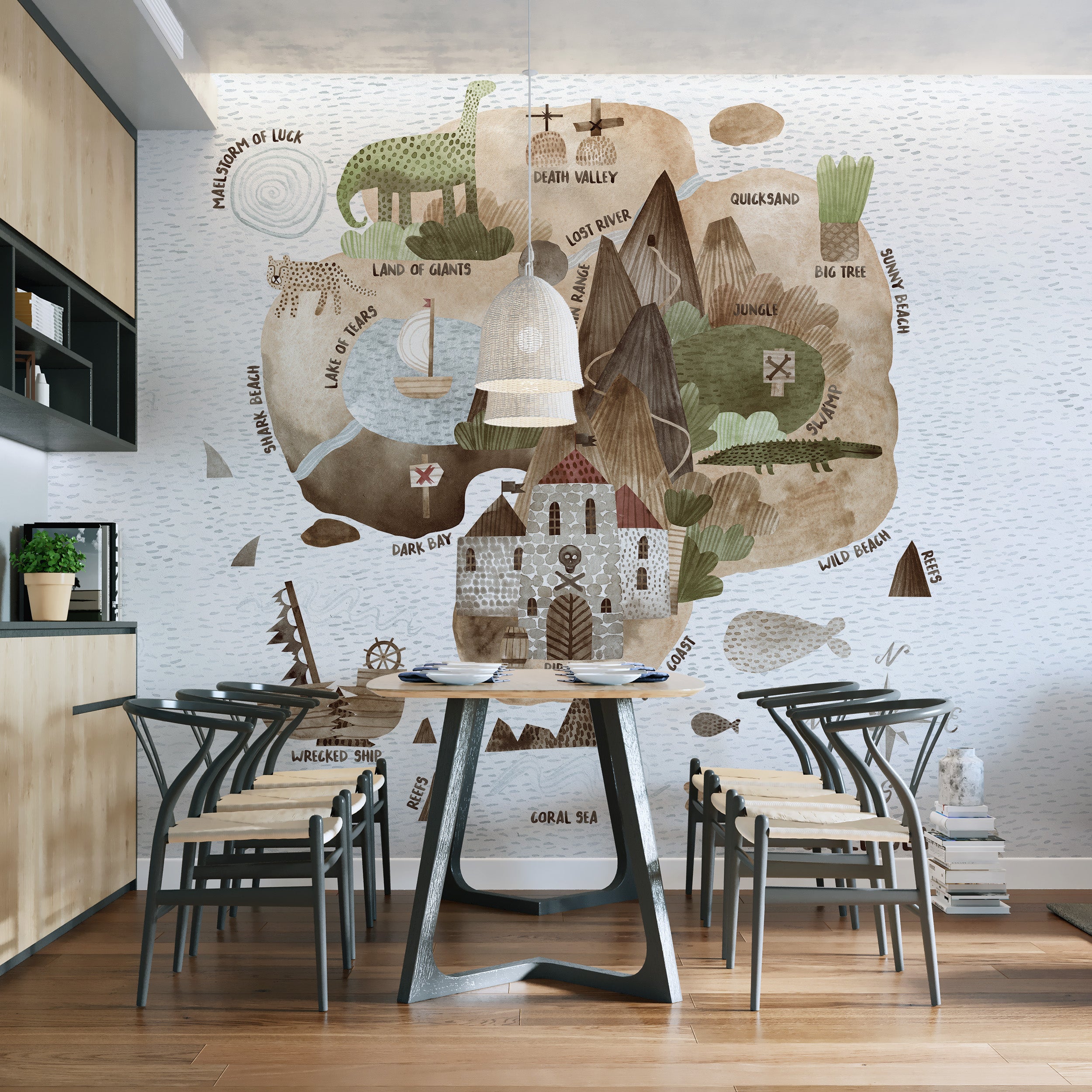 Self-adhesive treasure hunt mural for pirate-themed spaces