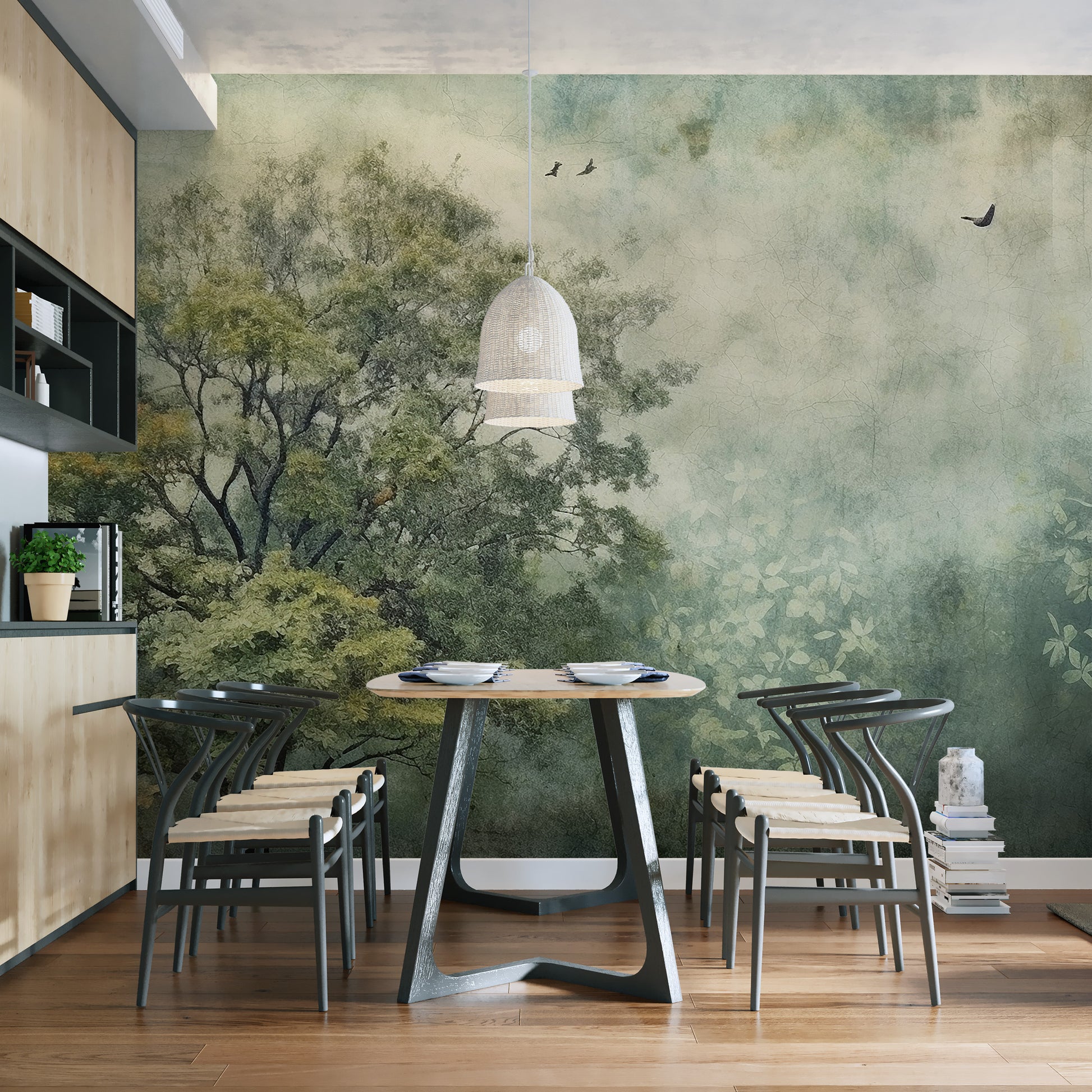 Peel and stick misty forest mural for tranquil spaces