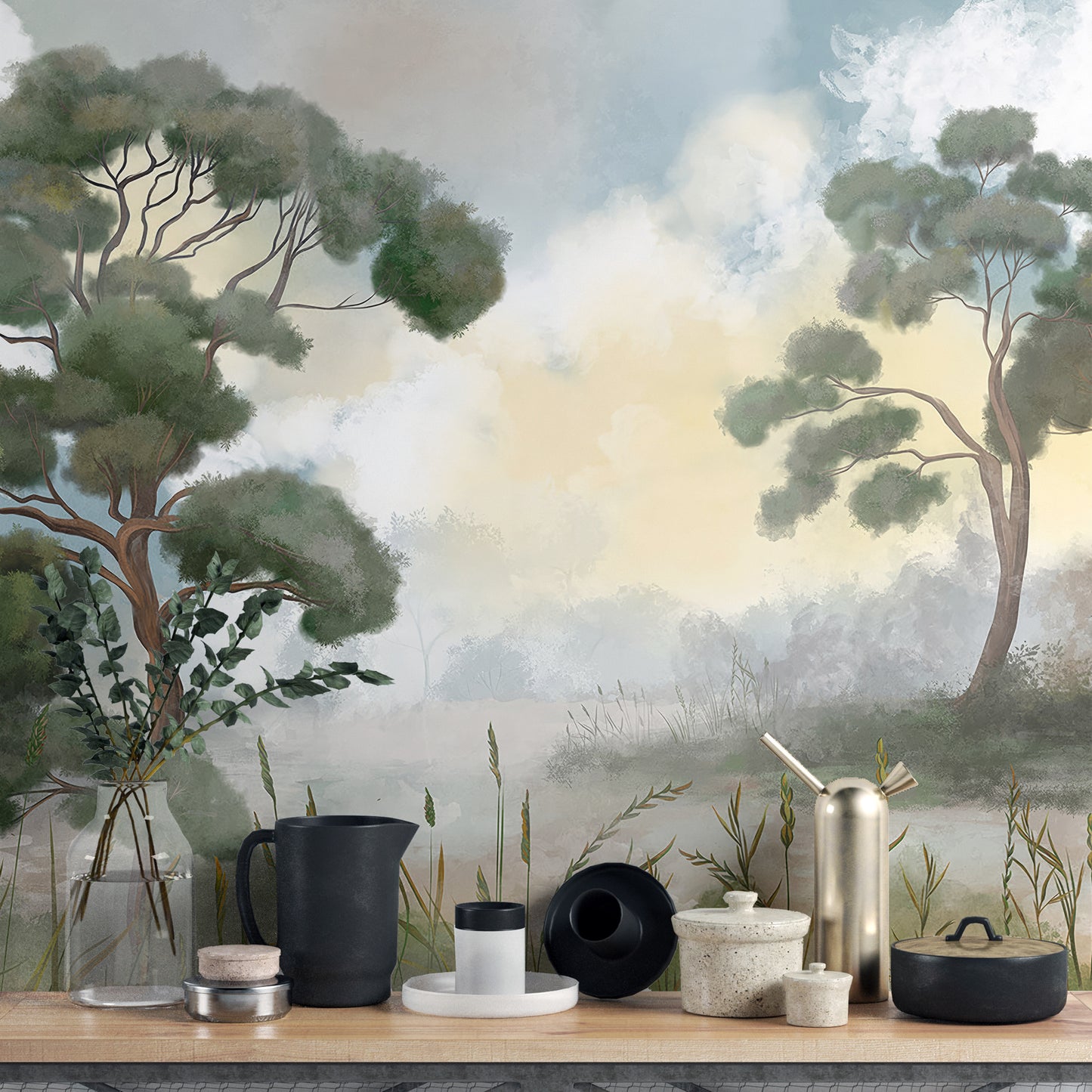 Peaceful sunrise tree mural for nature-inspired interiors