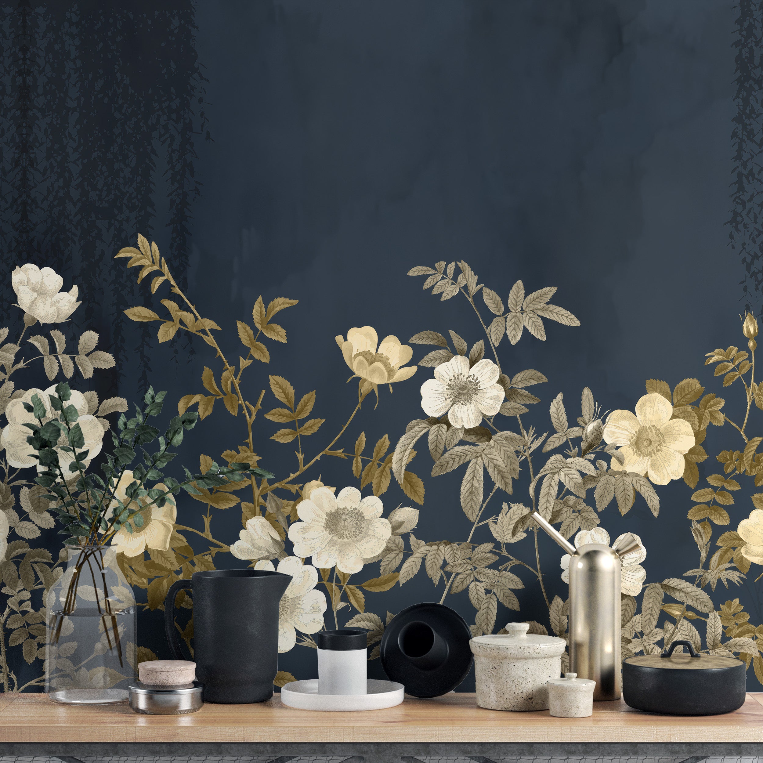 Elegant golden blossoms wallpaper mural for night-inspired decor