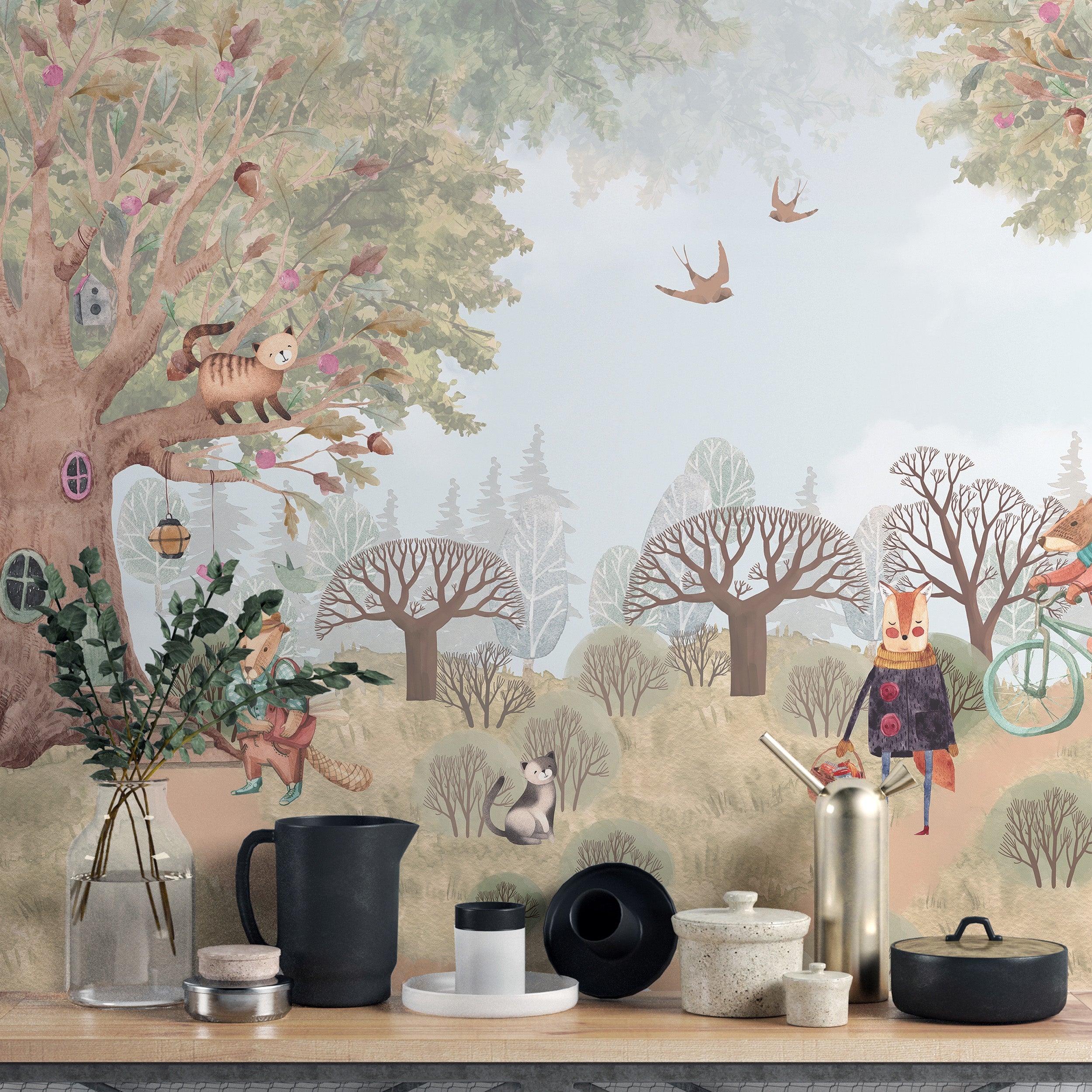 Colorful storybook animals mural for a fun, lively look