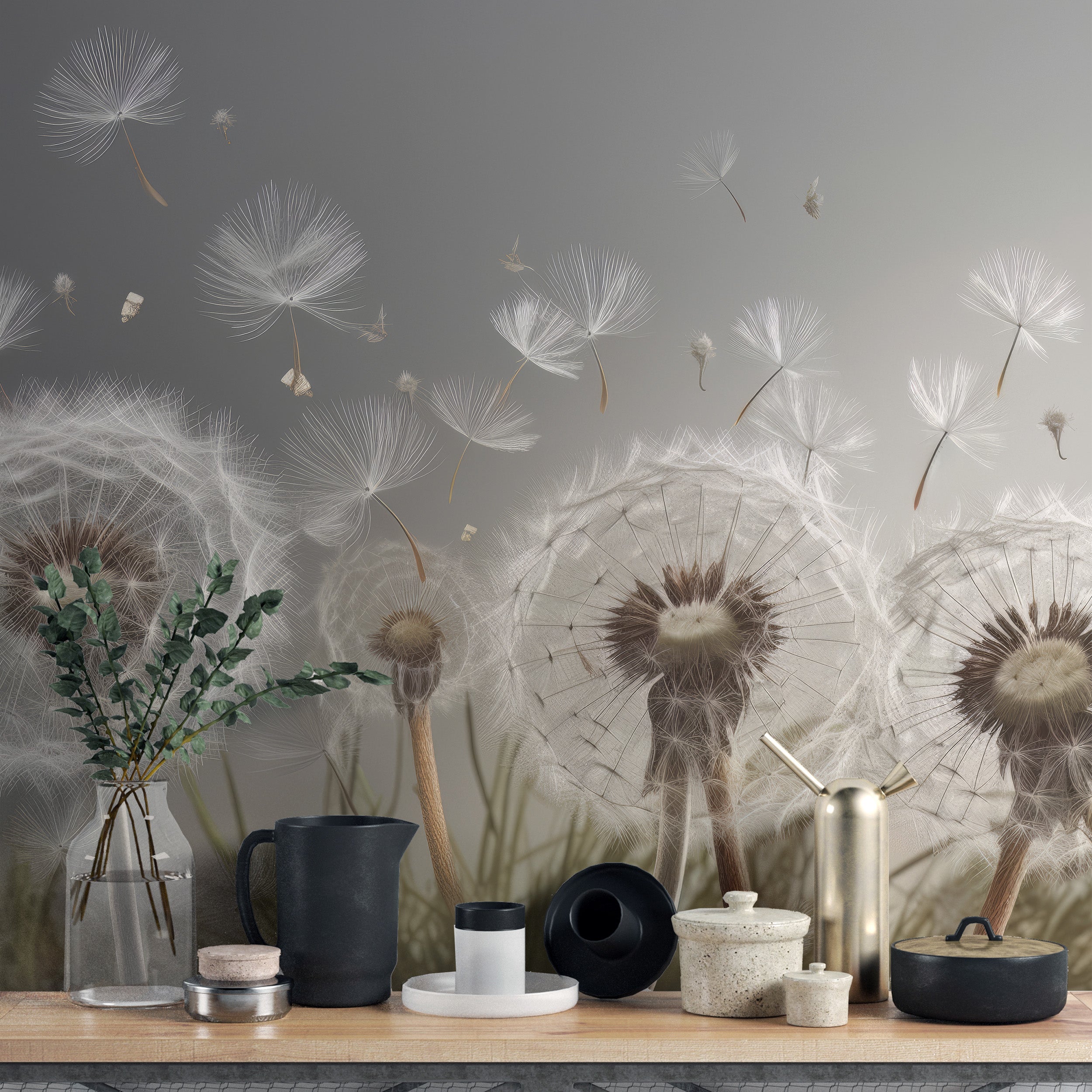 Nature-inspired tranquil wall mural with floating seeds design