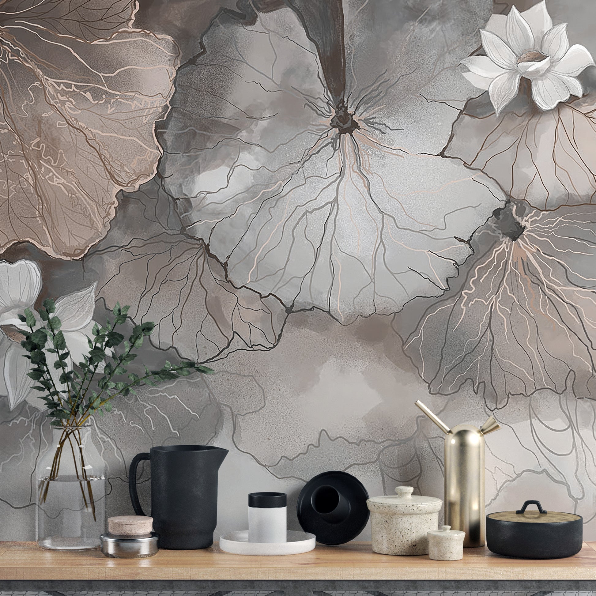 Soft misty lotus leaves mural for a serene, botanical look