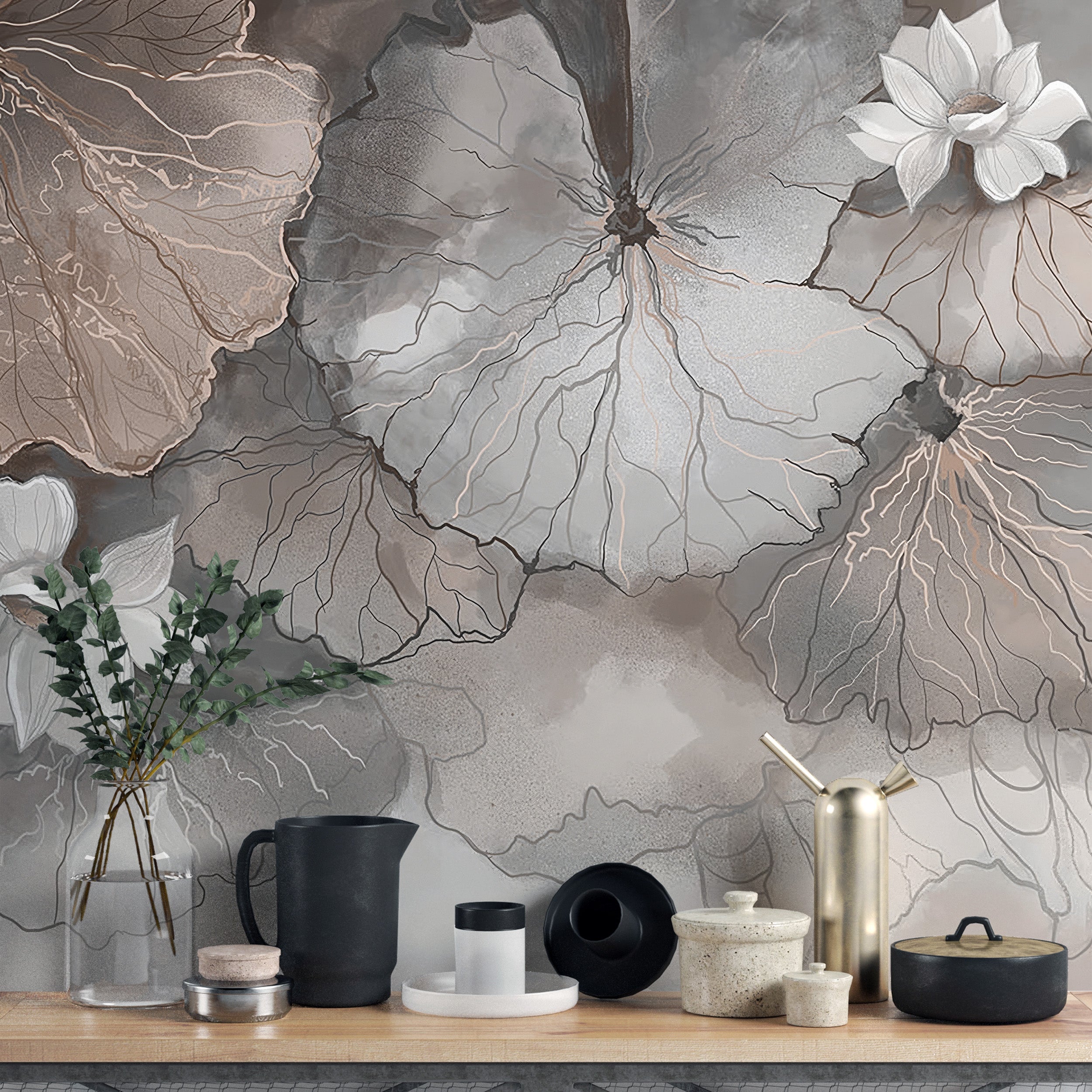 Soft misty lotus leaves mural for a serene, botanical look