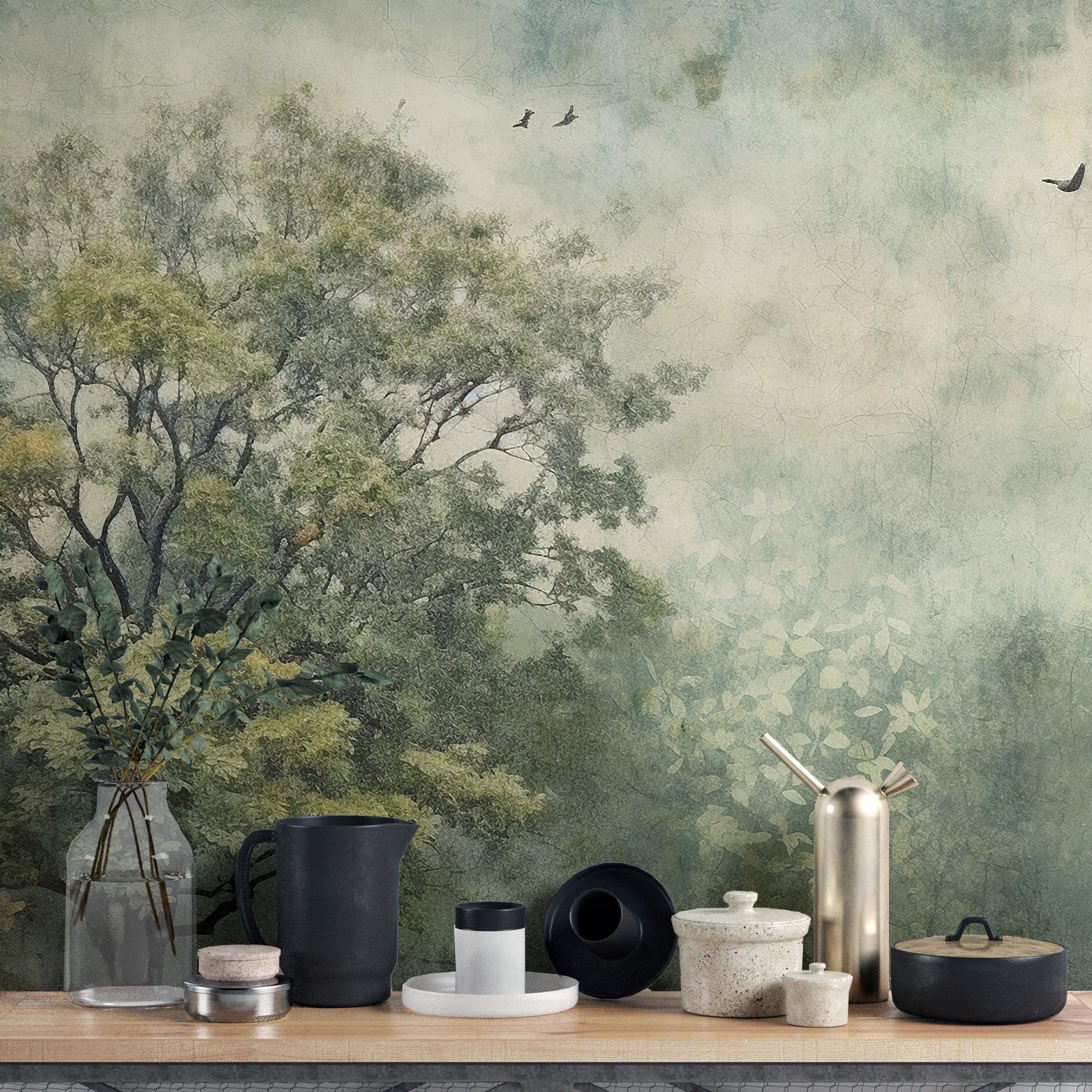 Misty forest wallpaper mural for serene wall decor