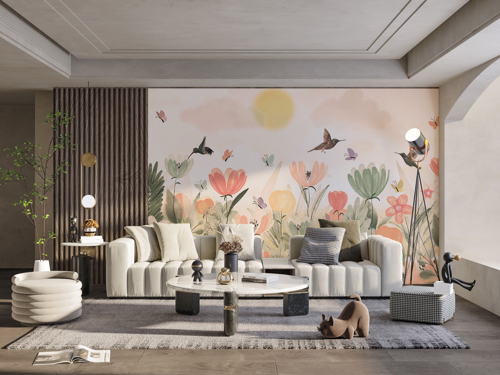 Elegant wall mural featuring a hummingbird haven design