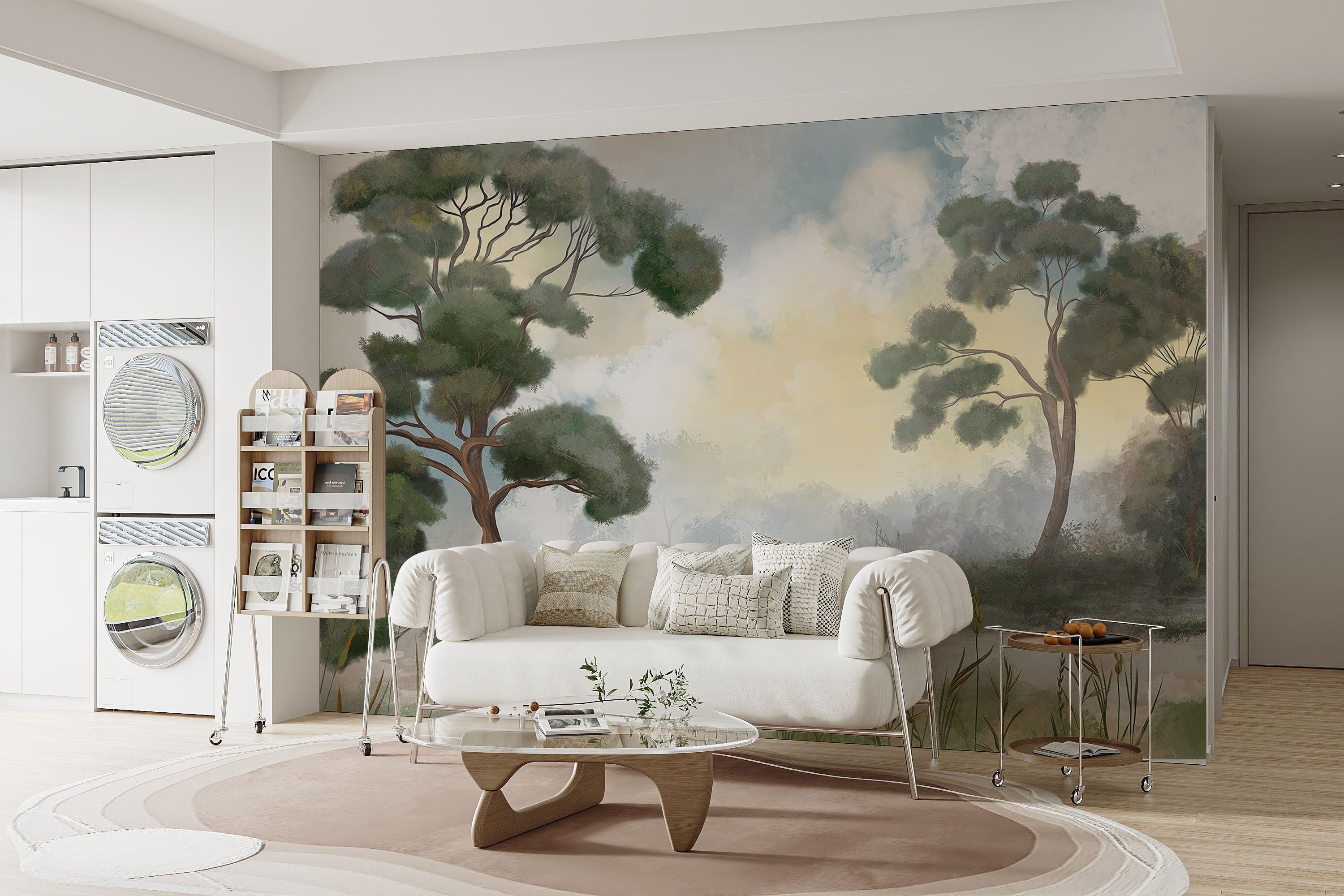 Sunrise serenity wallpaper mural with tranquil tree design