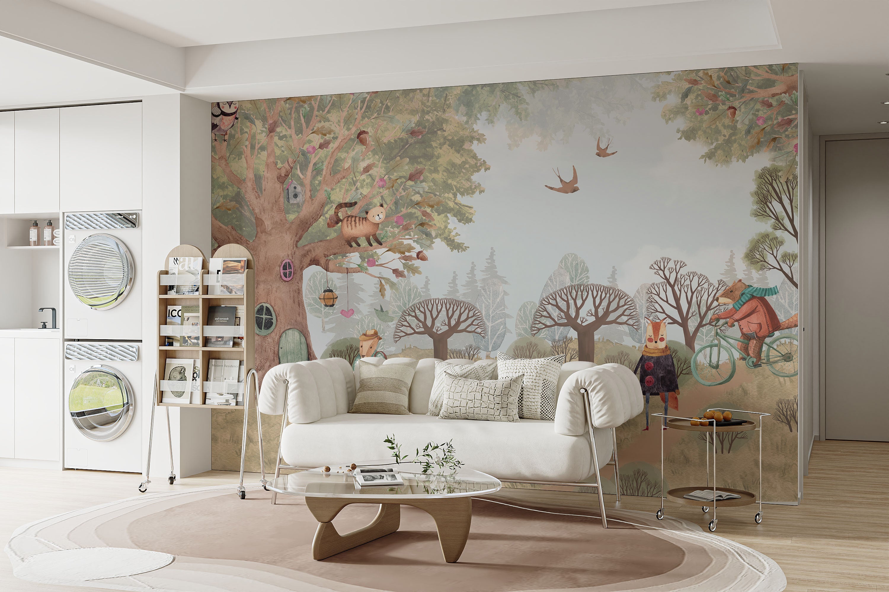 Charming storybook animals mural for playful interiors