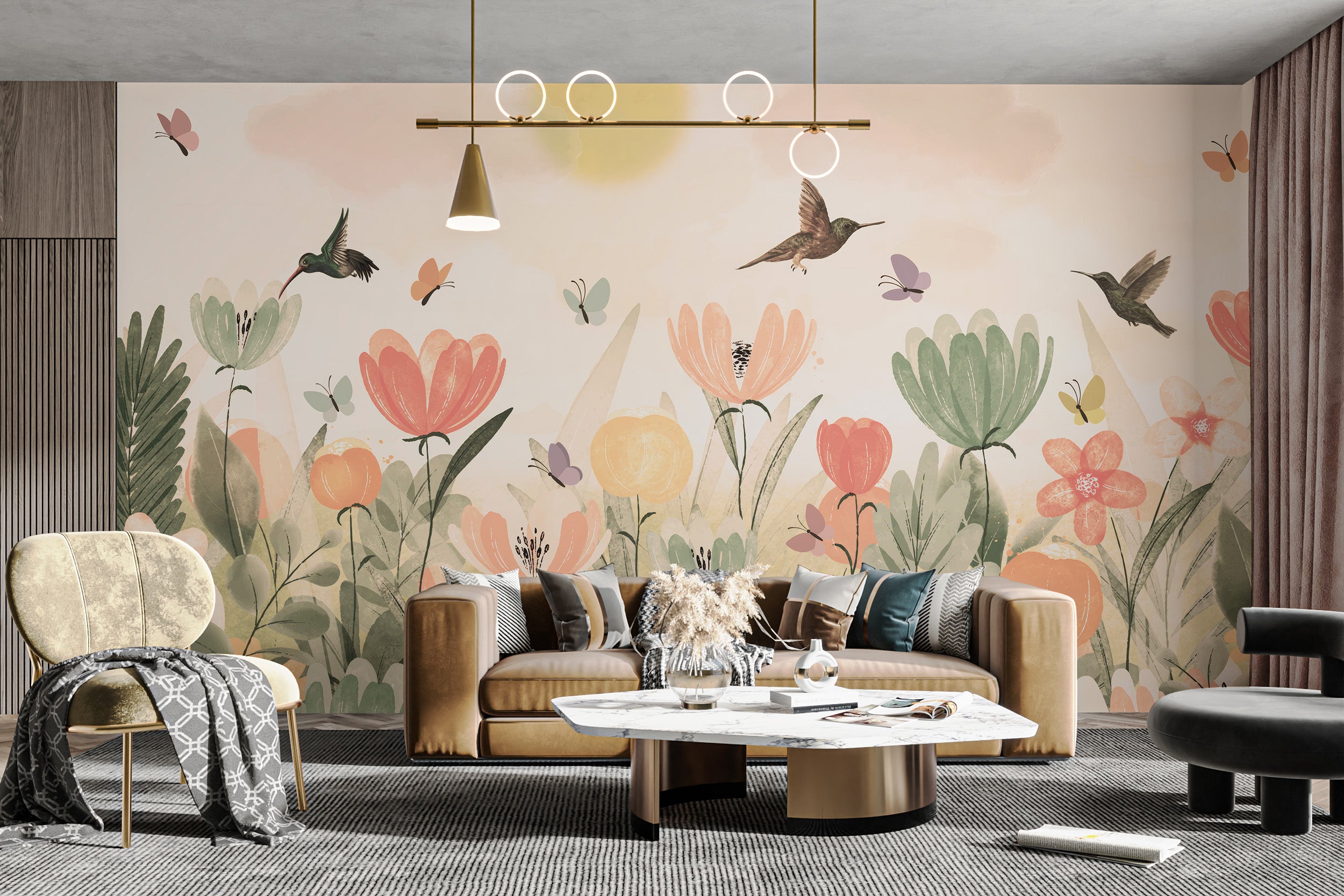 Decorative mural showcasing hummingbirds in a floral haven