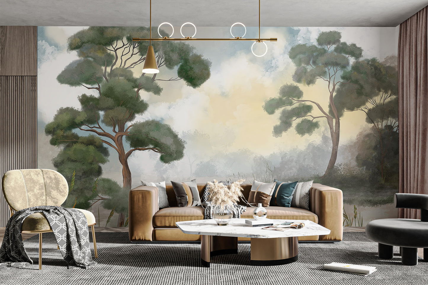 Tranquil sunrise tree mural for serene and calming spaces