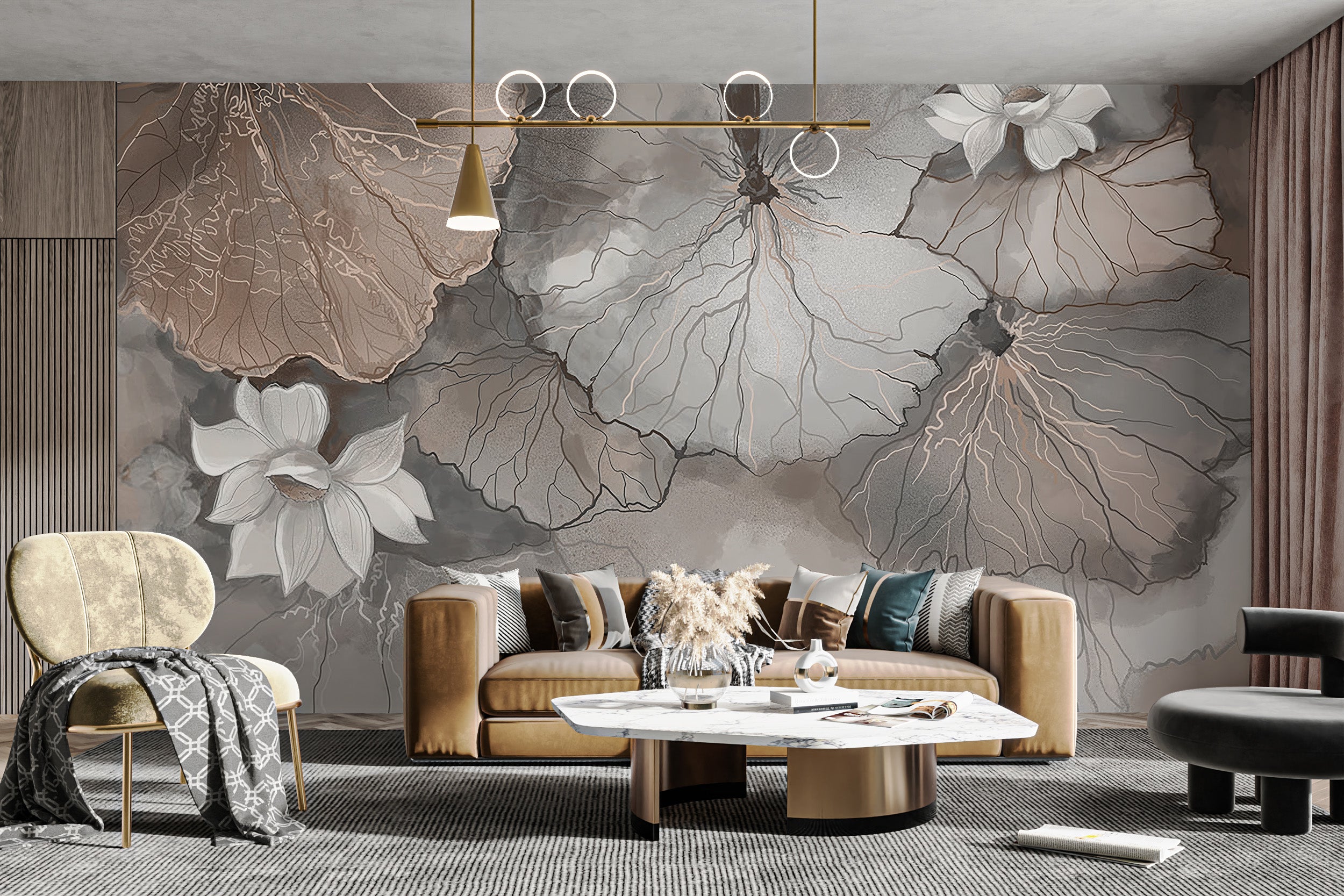 Nature-inspired misty lotus leaves wall mural for calming spaces