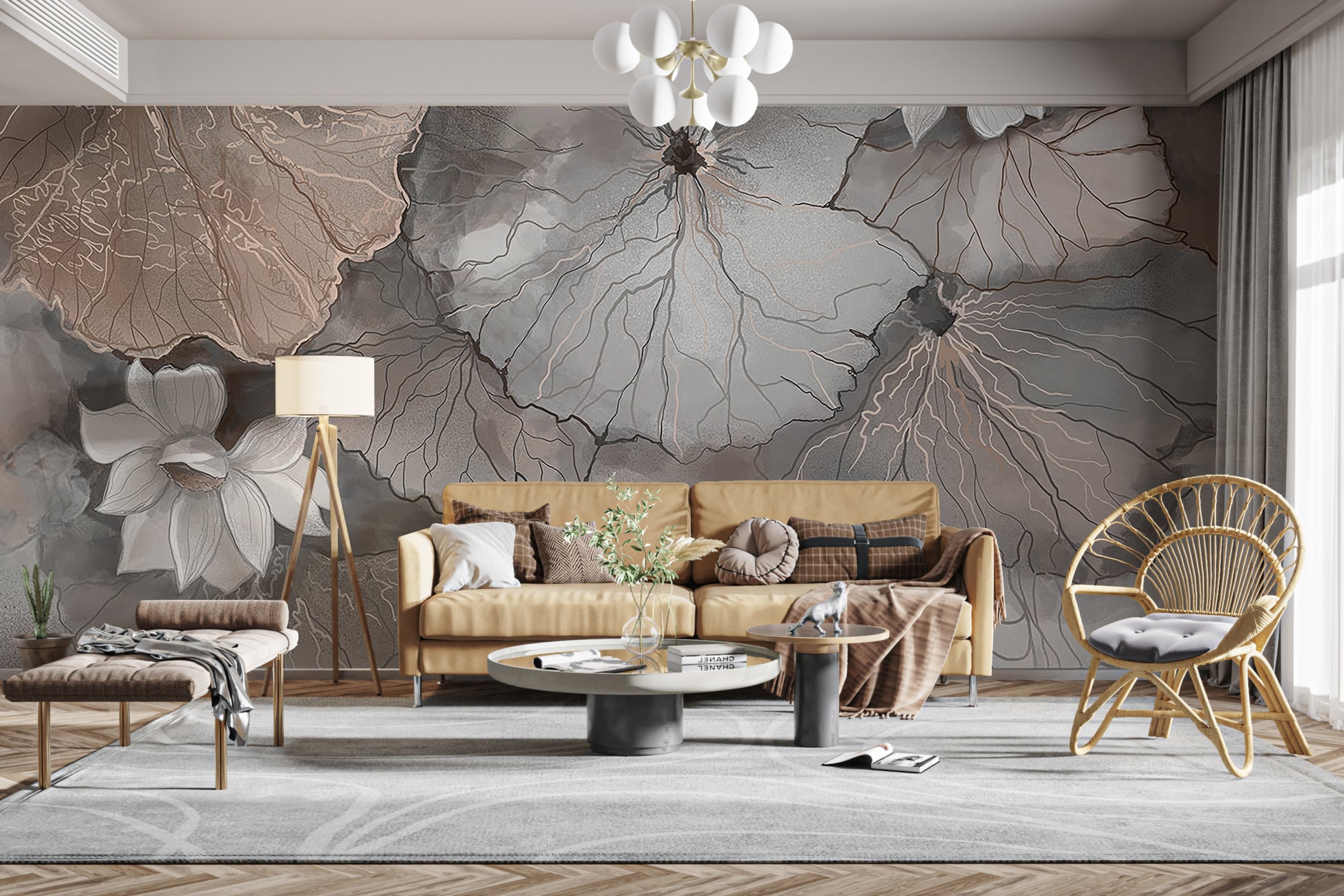 Misty lotus leaves mural for peaceful and tranquil interiors