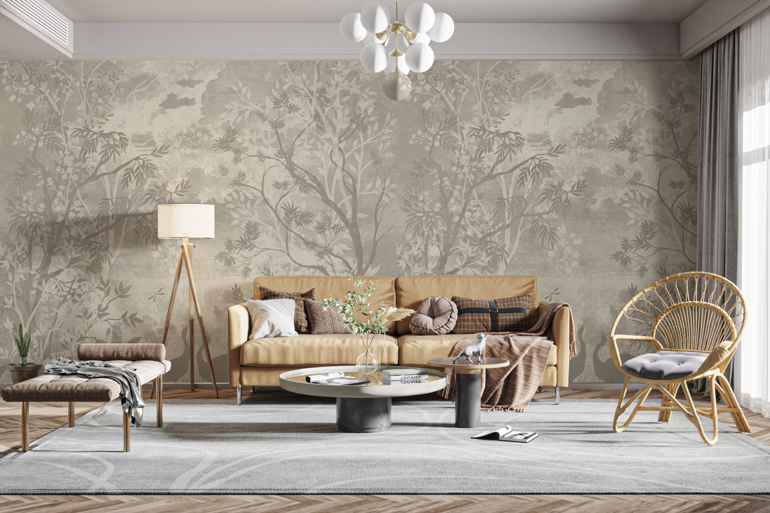 Mystical gray jungle wallpaper mural for nature-themed spac