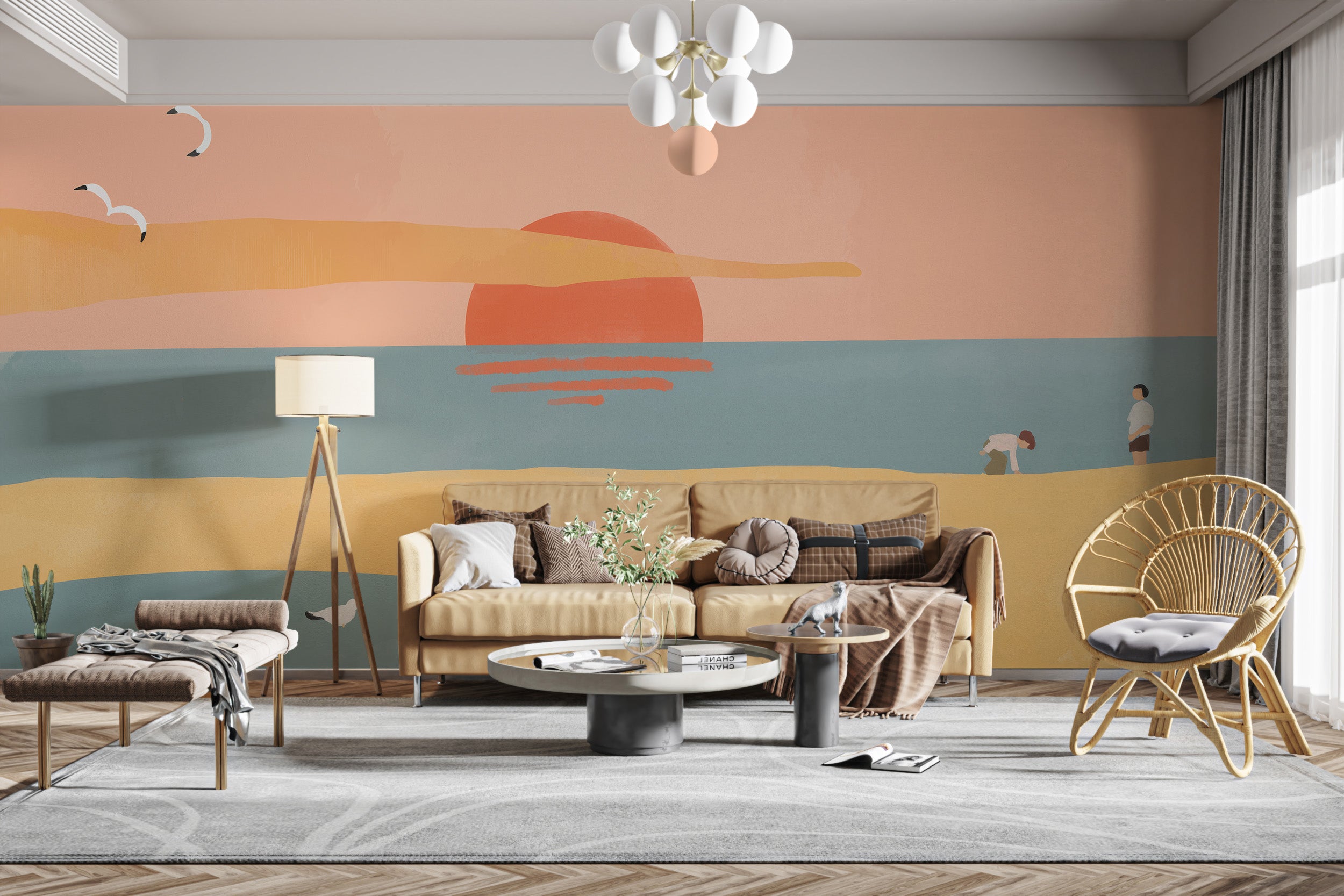 Sunset beach peel-off wallpaper for coastal vibes