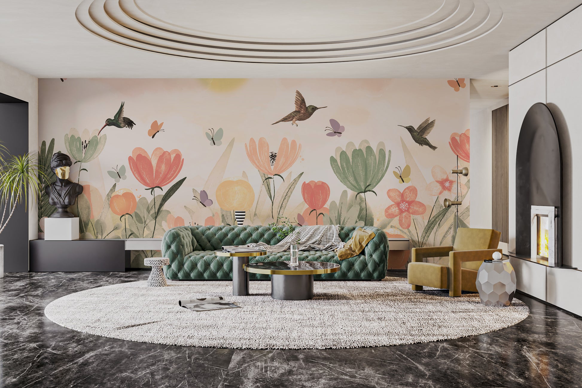 Hummingbird haven wallpaper mural with lush floral accents