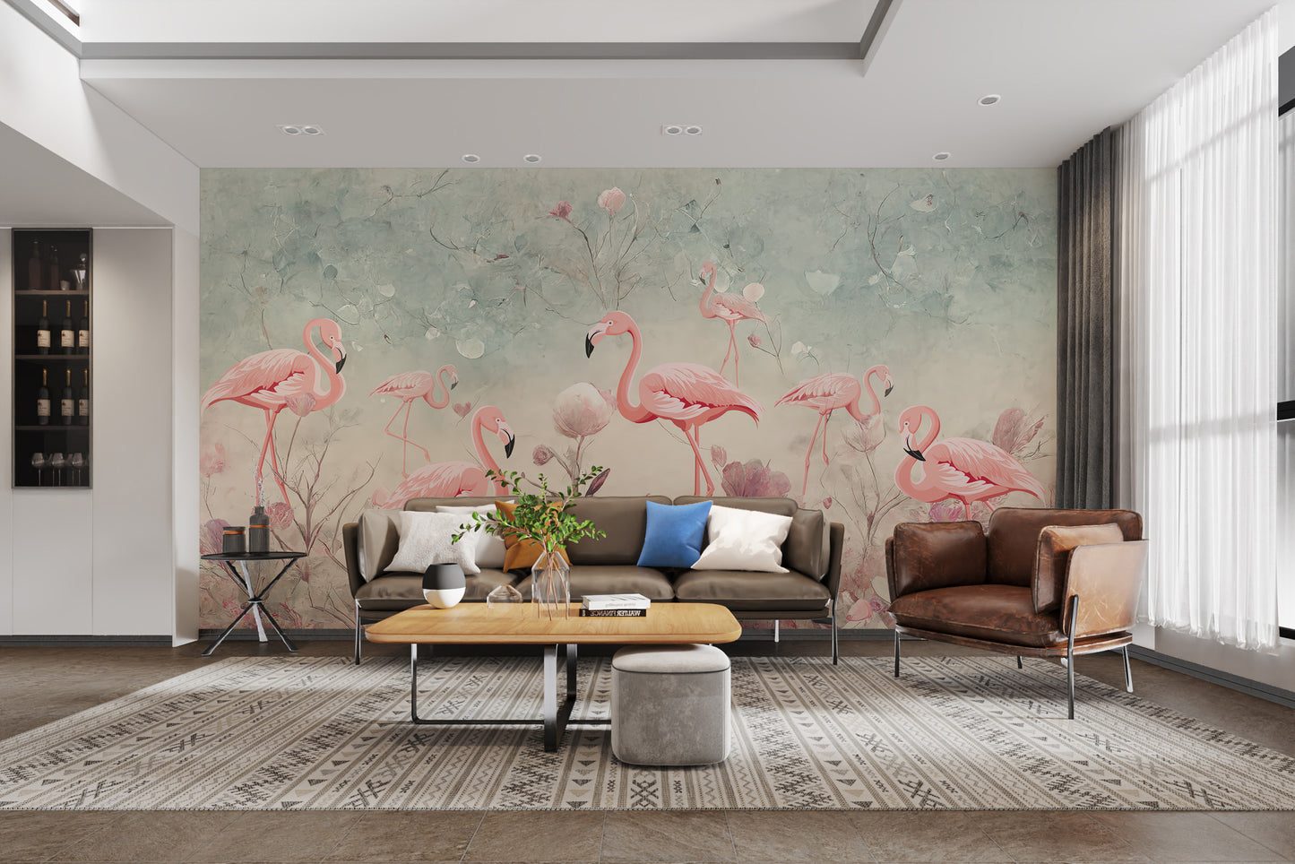 Tropical flamingo fantasy mural for vibrant wall decoration