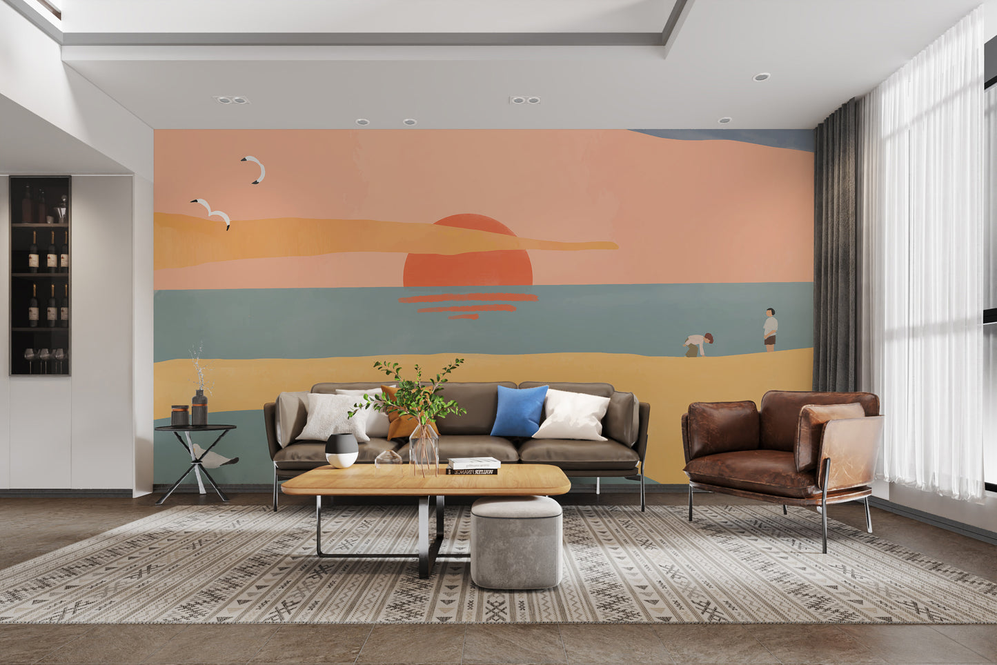 Self-adhesive sunset beach wallpaper for tranquil rooms