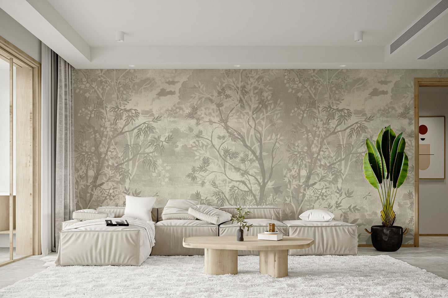 Elegant gray jungle mural with a mystical and calming vibe